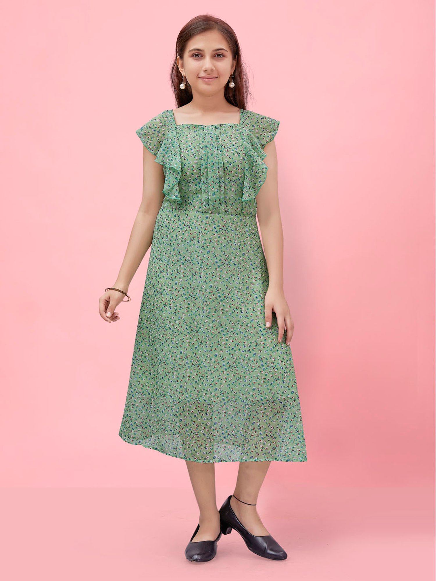 Aarika Kids Green Floral Print Midi Dress