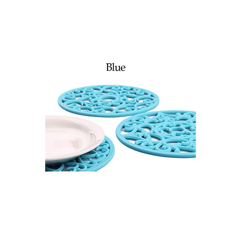 3 Set Silicone Multi-Use Intricately Carved Trivet Mat - Insulated Flexible Durable Non Slip Coasters (Blue)