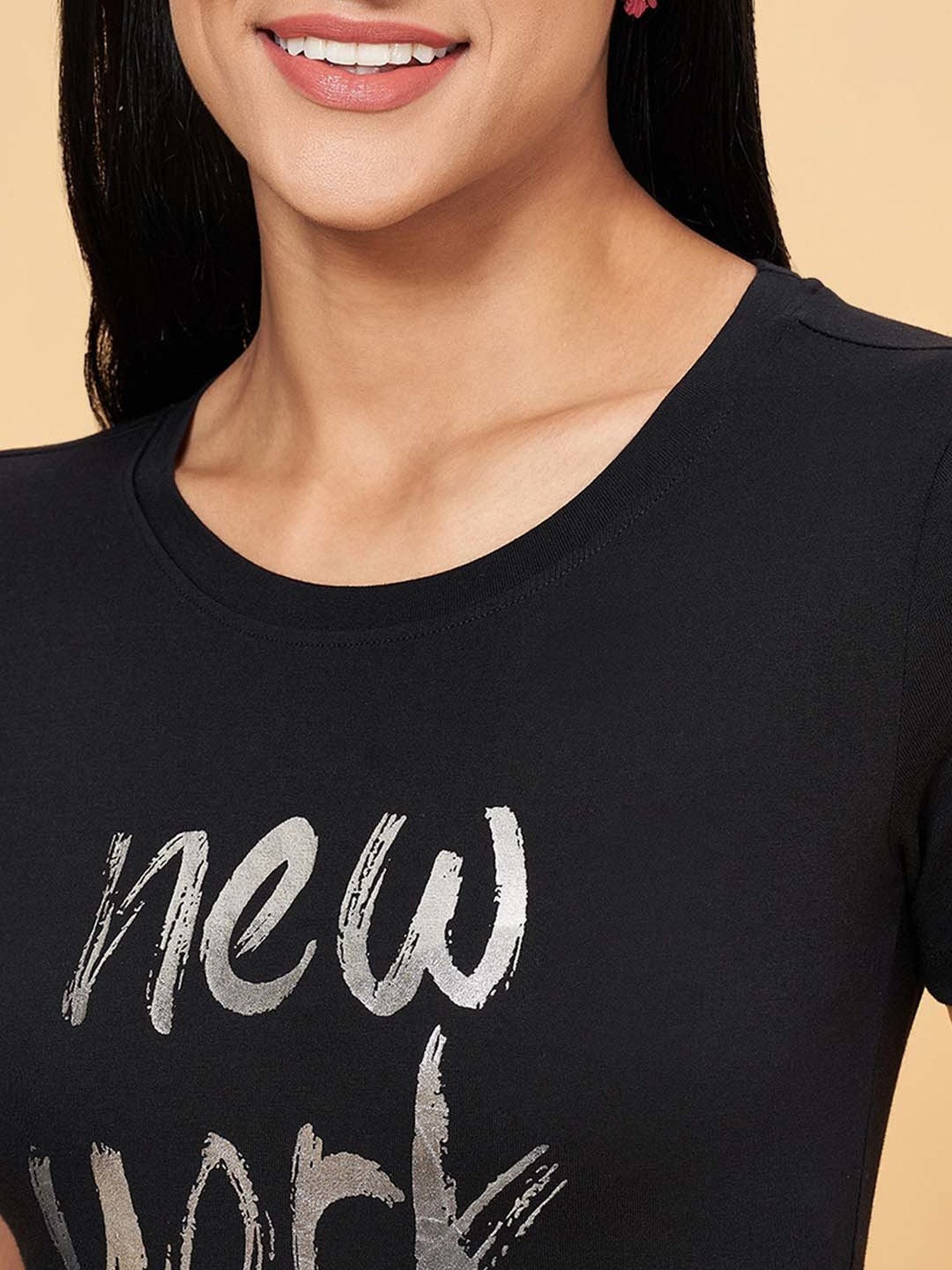 Honey by Pantaloons Black Cotton Printed T-Shirt