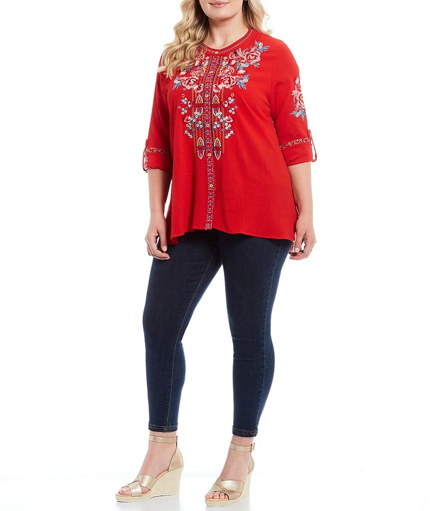 Calessa Plus Size Floral Embroidered Banded Collar Neck Mixed Back Panel Long Sleeve Tunic