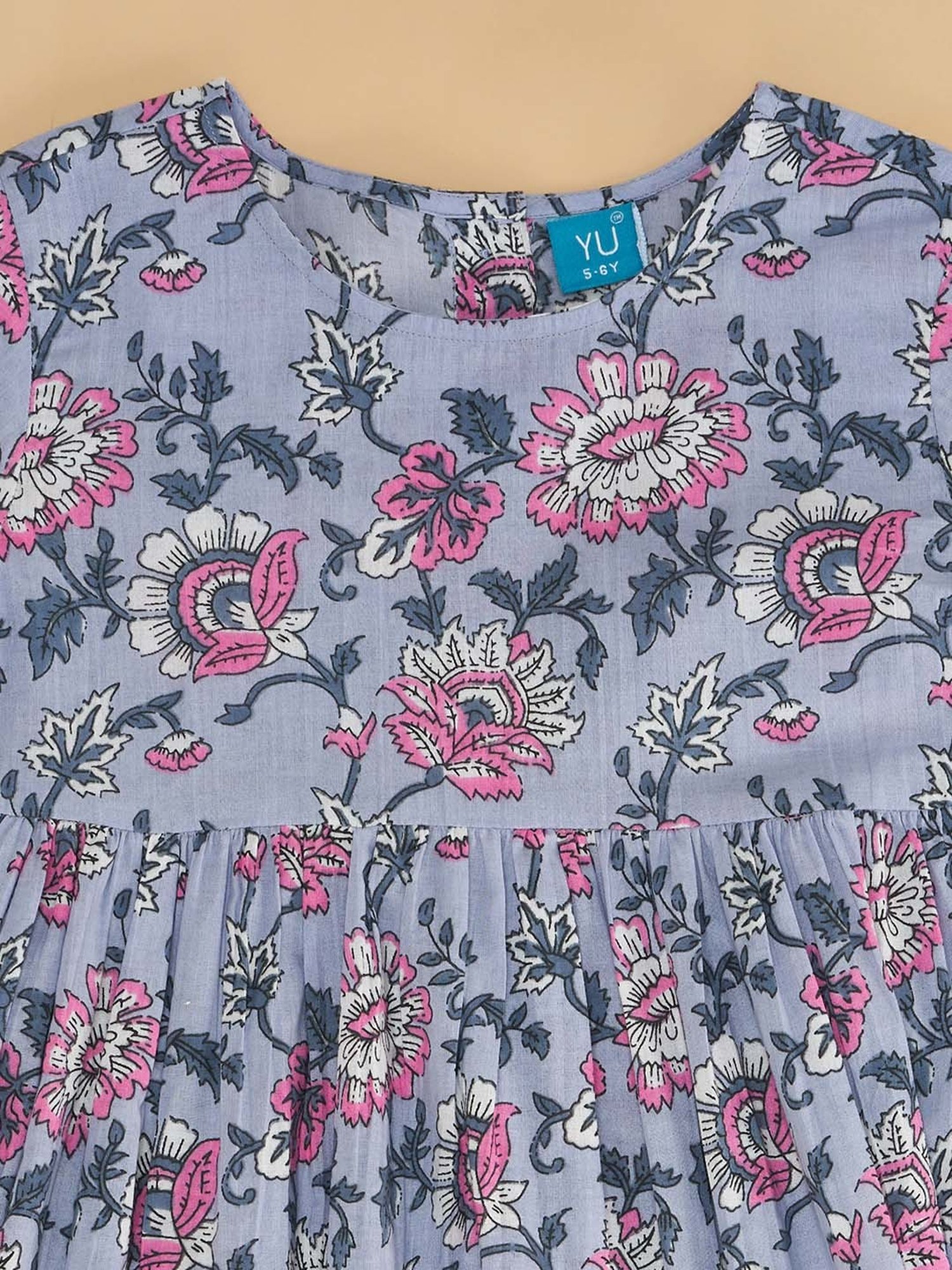 YU by Pantaloons Kids Blue & Pink Cotton Floral Print Dress