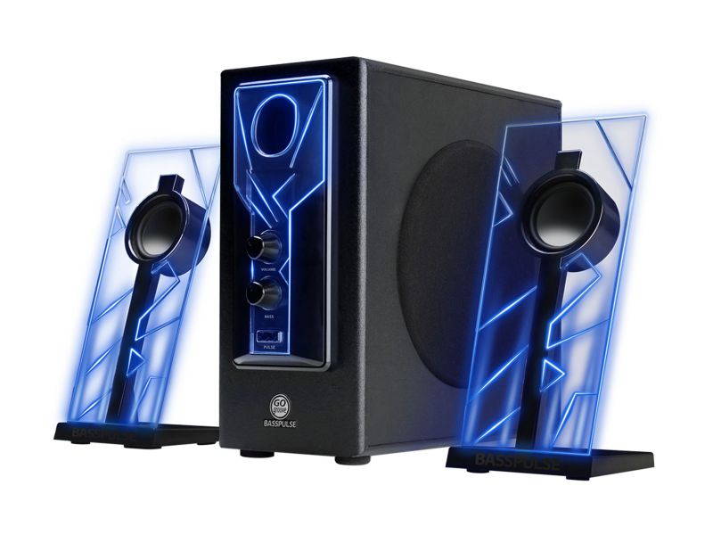 GOgroove BassPULSE Computer Speaker System with Blue LED Glow Lights & Powered Subwoofer - Works with PC, Apple MAC, ASUS, Acer, Alienware, CybertronPC, Dell, HP & More Computers