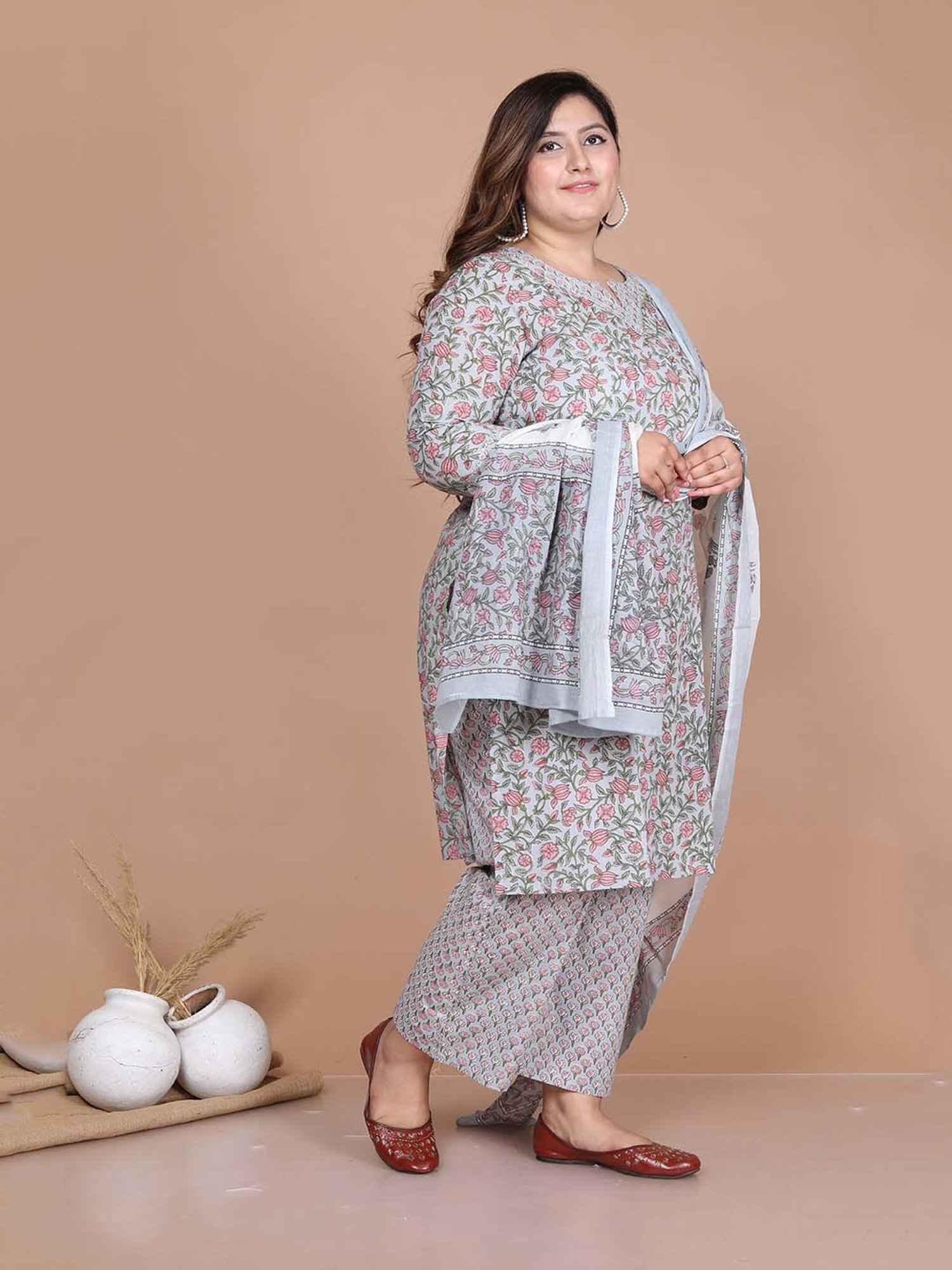 Miravan Blue Floral Print Plus Size Kurta With Palazzo & Dupatta