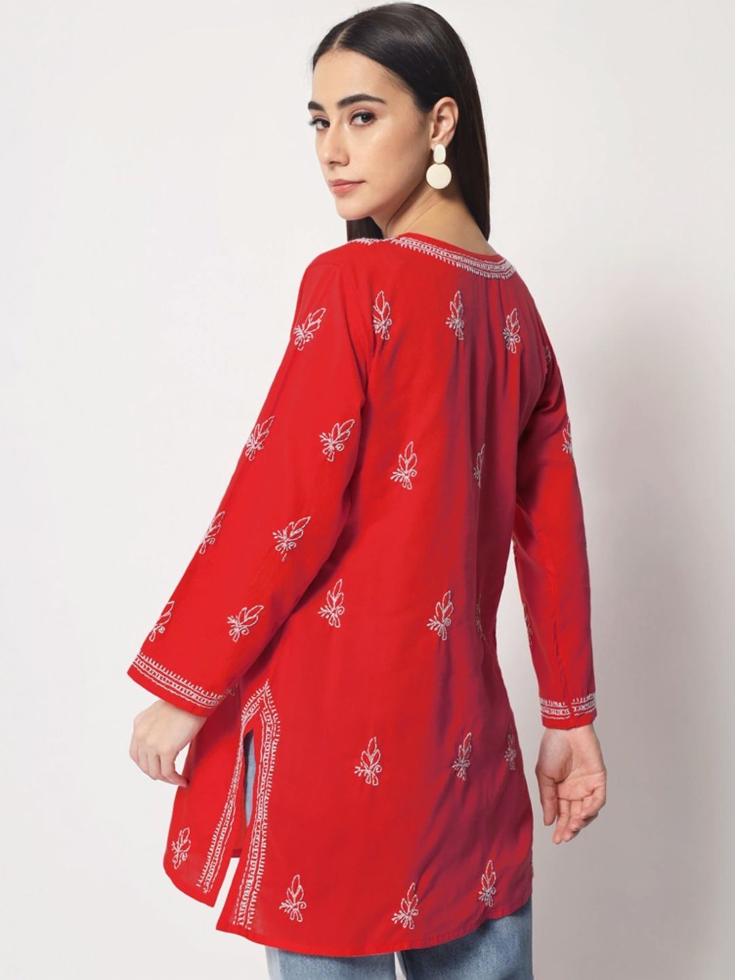 PARAMOUNT CHIKAN Red Cotton Hand Embroidered Chikankari Straight Kurti