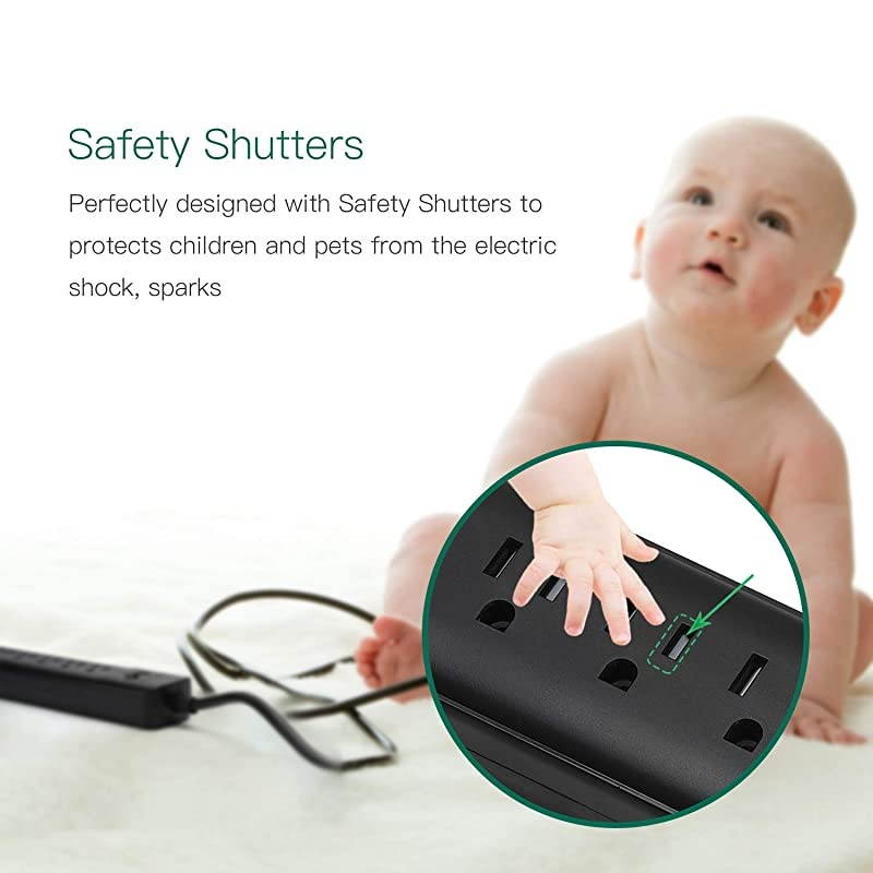 ETL Approval 2100J Surge Protector Power Strip with USB  Mountable Angled Flat Plug 5ft Extension Cord 6 Outlets 3 USB Slots for iPhone iPad Desktop Computer Home Office Kitchen Black