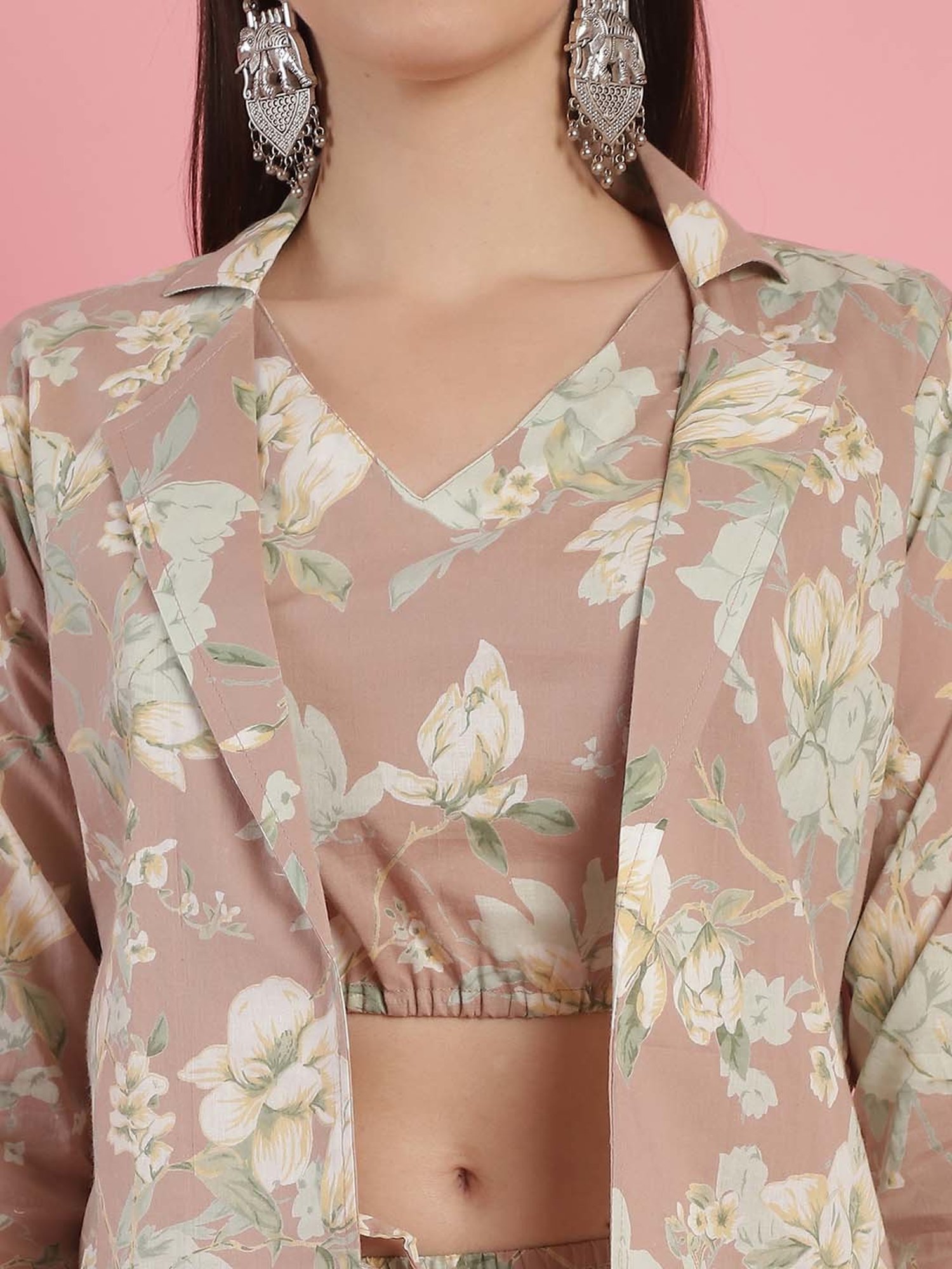 Prakrti Pink Cotton Floral Print Crop Top Capri Set With Jacket