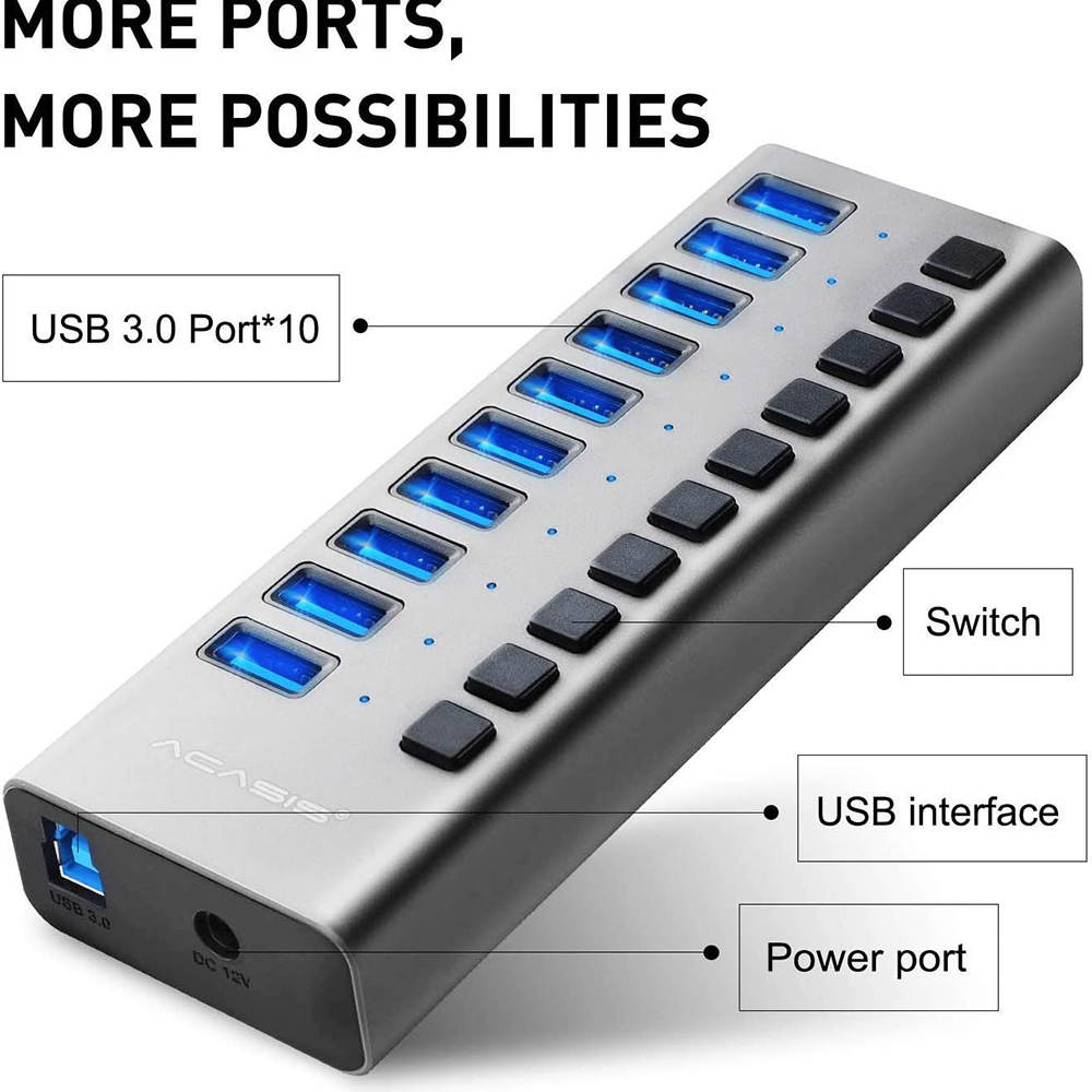 Powered USB Hub - 10 Ports 48W USB 3.0 Data Hub - with Individual On/Off Switches and 12V/4A Power Adapter USB Hub 3.0 Splitter for Laptop, PC, Computer, Mobile HDD, Flash Drive and More
