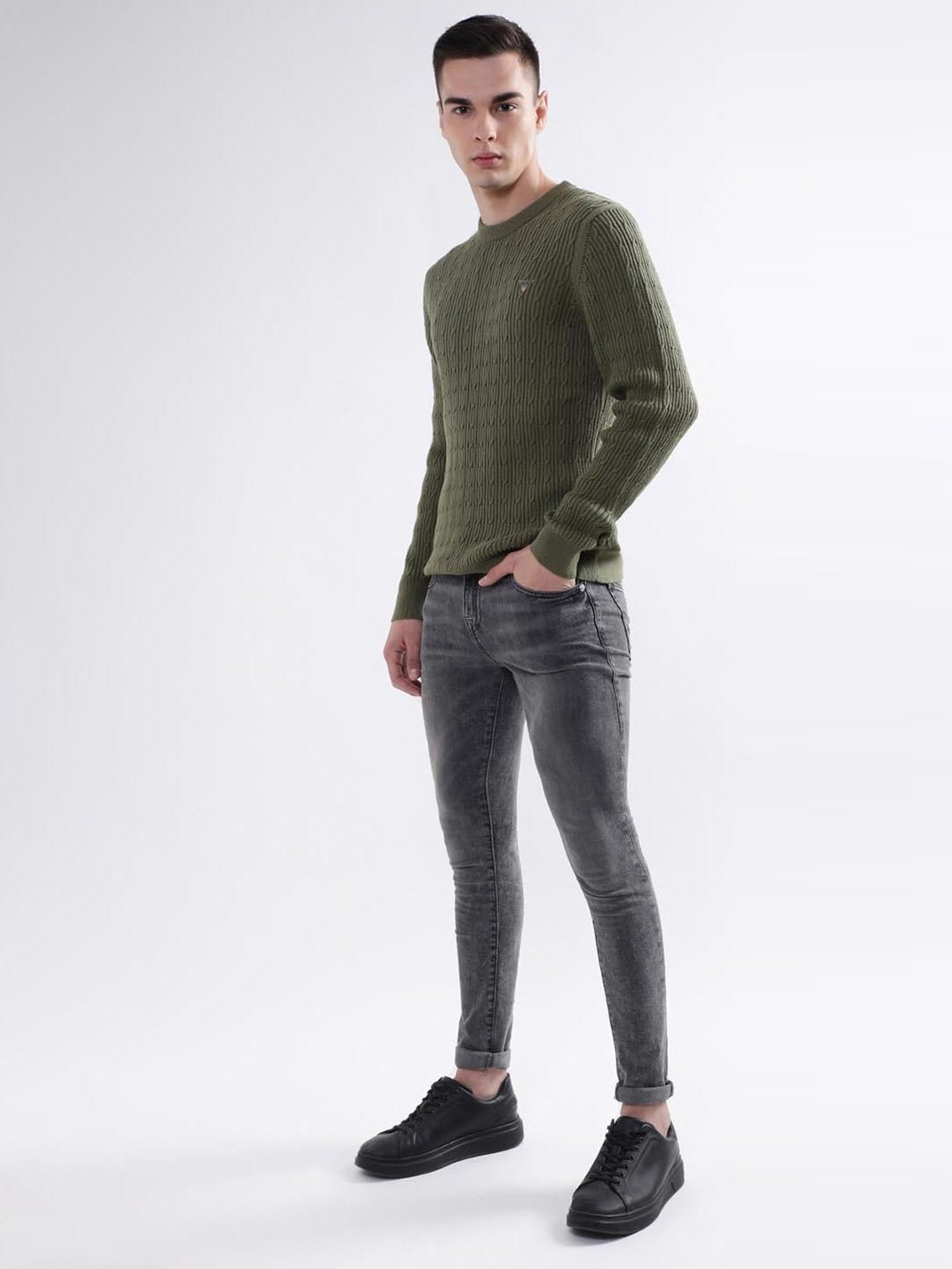 GANT Olive Green Cotton Regular Fit Self Pattern Sweater
