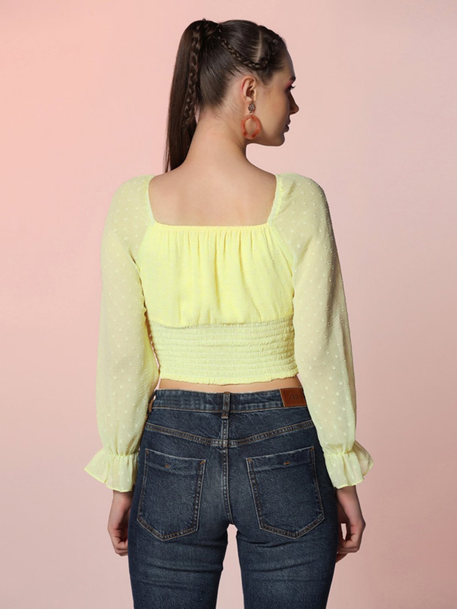 SELVIA Light Yellow Self Design Crop Top