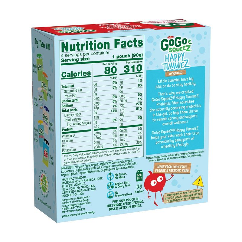 GoGo SqueeZ Happy TummieZ Organic Apple Strawberry Pomegranate Spinach - 12.8oz/4ct