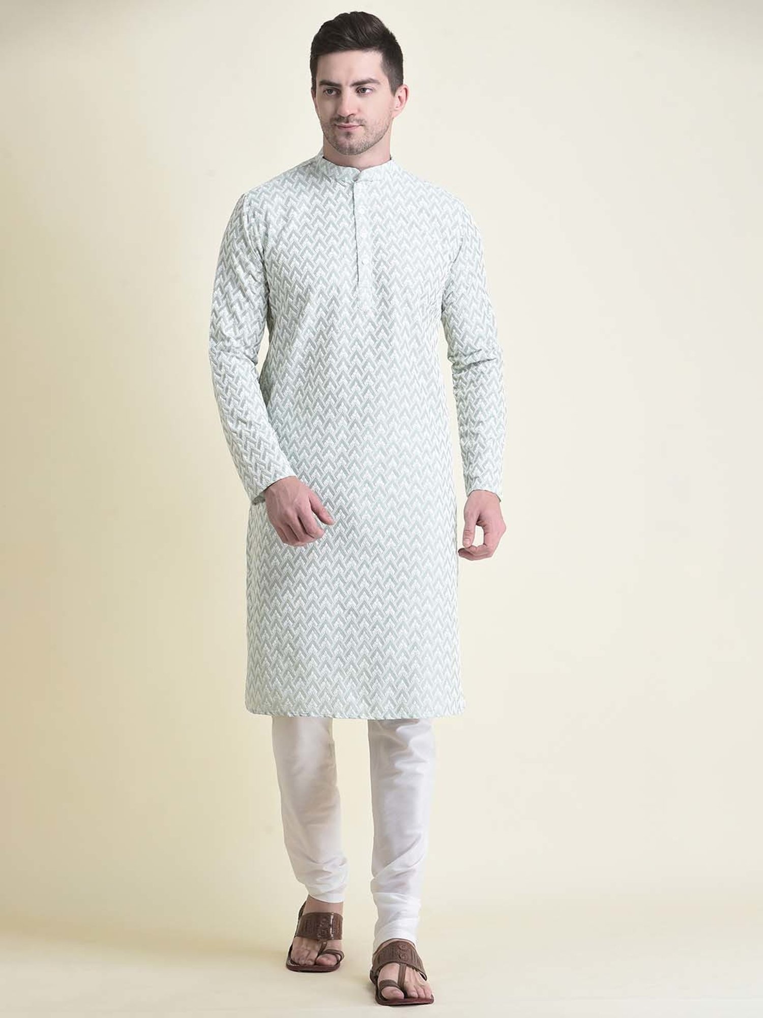 TABARD Light Green Regular Fit Chikankari Embroidery Full Sleeves Kurta with Churidar Set