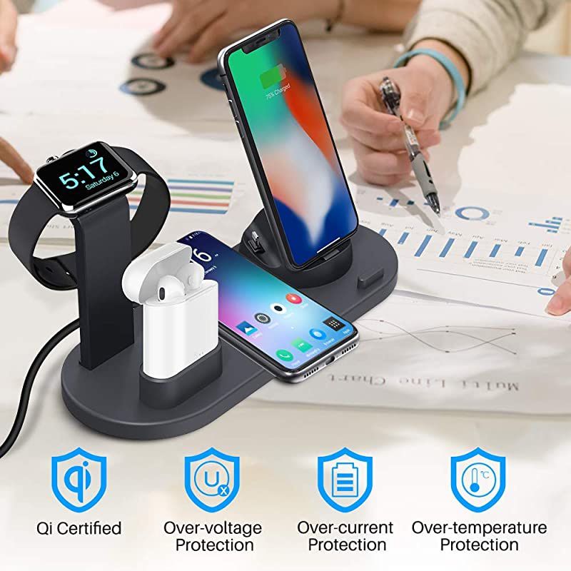Charger 3 in 1 Charging Dock Compatible with Apple Watch and Airpods Charging Station Qi Fast Charging Stand Compatible iPhone X XS XR Xs Max 8 8 Plus Deep Black