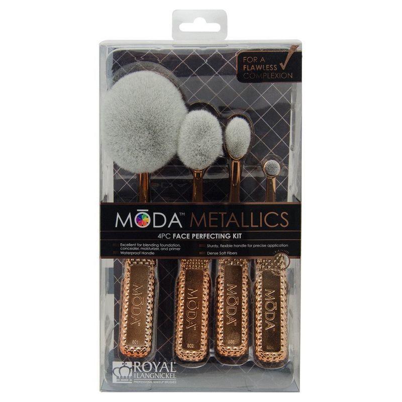 MODA Brush Metallics 4pc Face Perfecting Rose Gold Makeup Brush Set, Includes - Foundation, Contour, Detail Contour, and Concealer Brushes