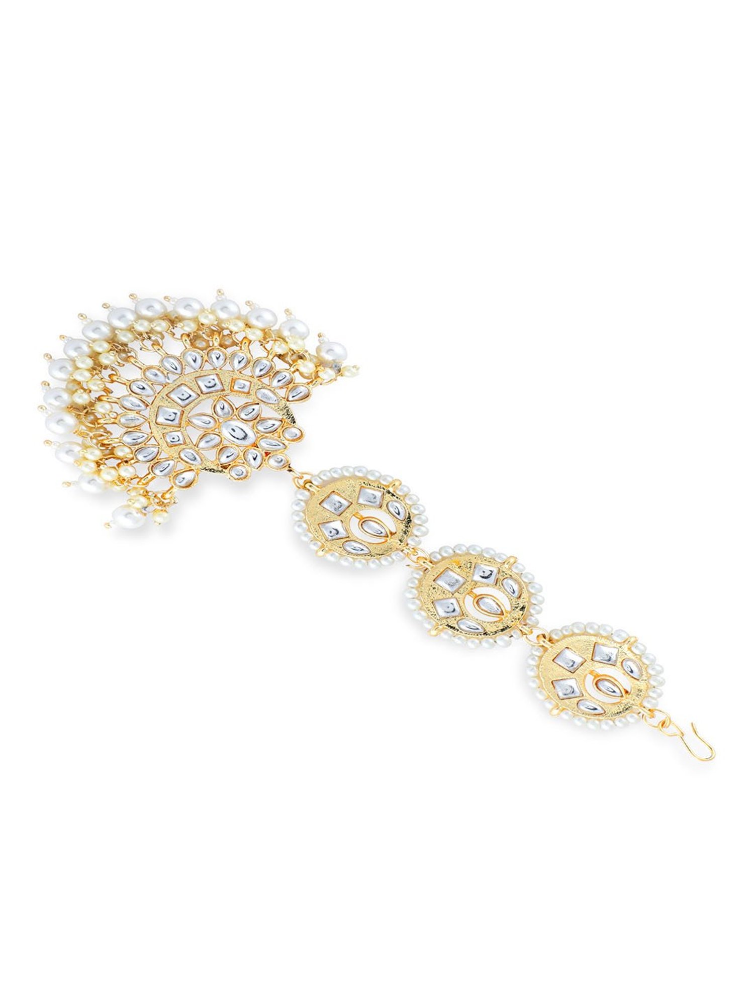 Fida White Pearls Beads Kundan Gold-Plated Crescent Maangtikka for Women