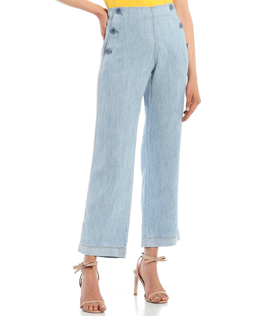 Trina Turk Duran Button Pocket Straight Leg Chambray Ankle Pants