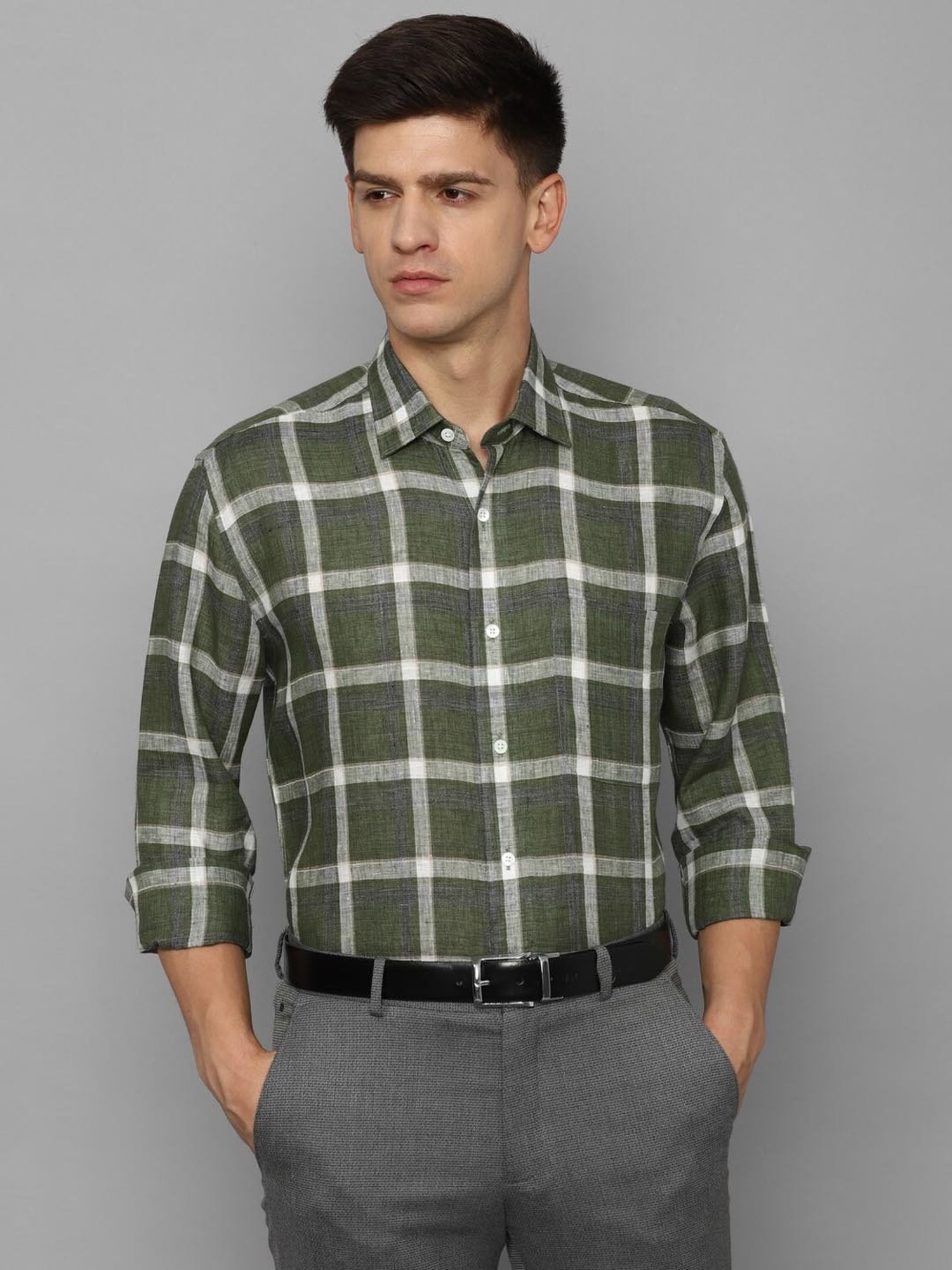 Luxure By Louis Philippe Olive Linen Regular Fit Checks Shirt