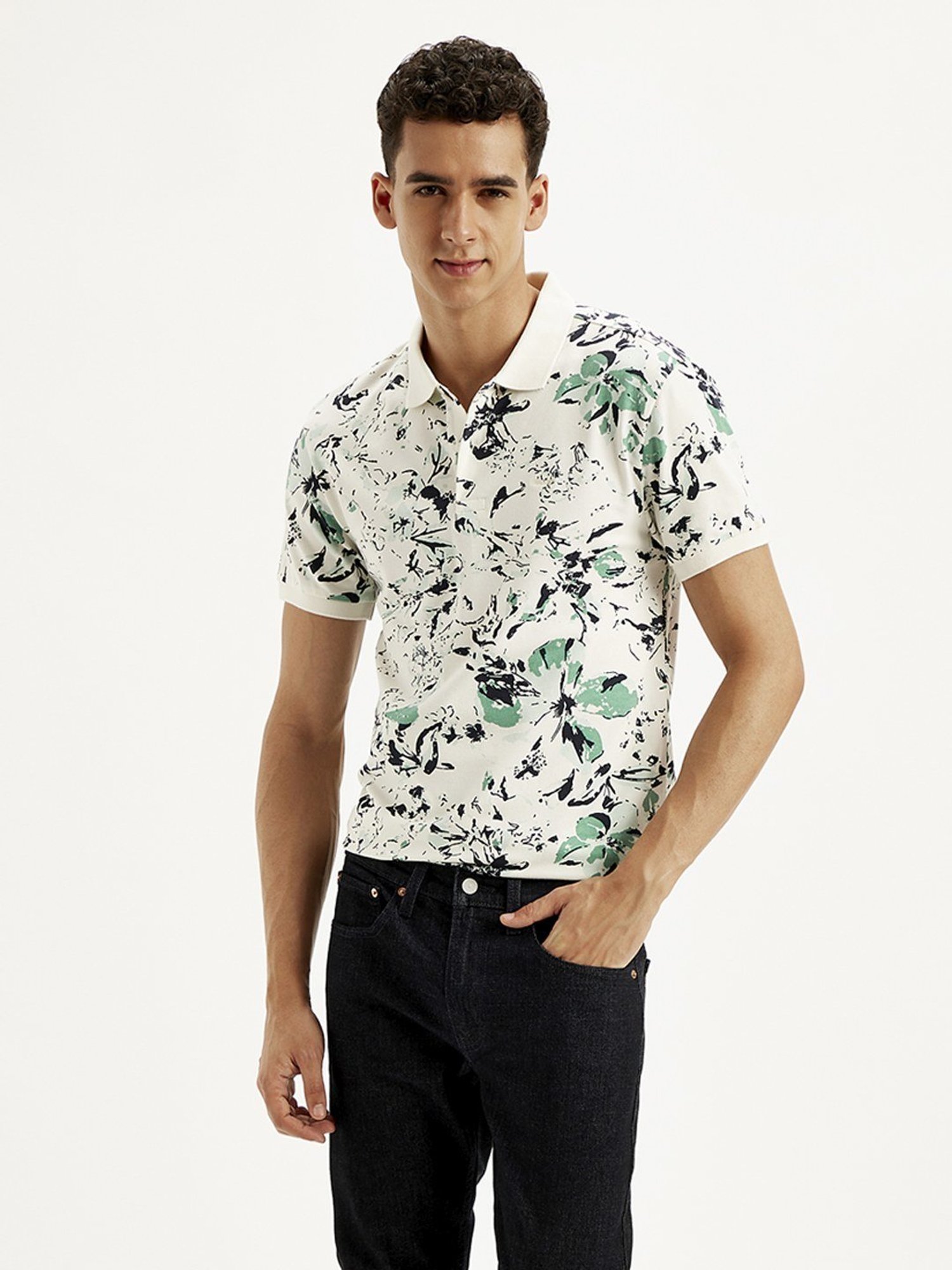 Levi's Off White Cotton Slim Fit Floral Print Polo T-Shirt