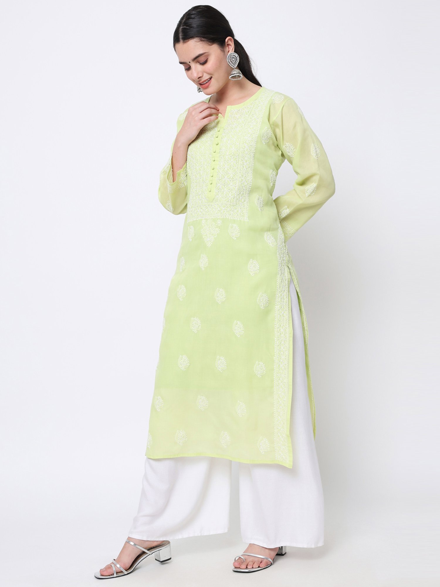 PARAMOUNT CHIKAN Green Cotton Chikankari Straight Kurta