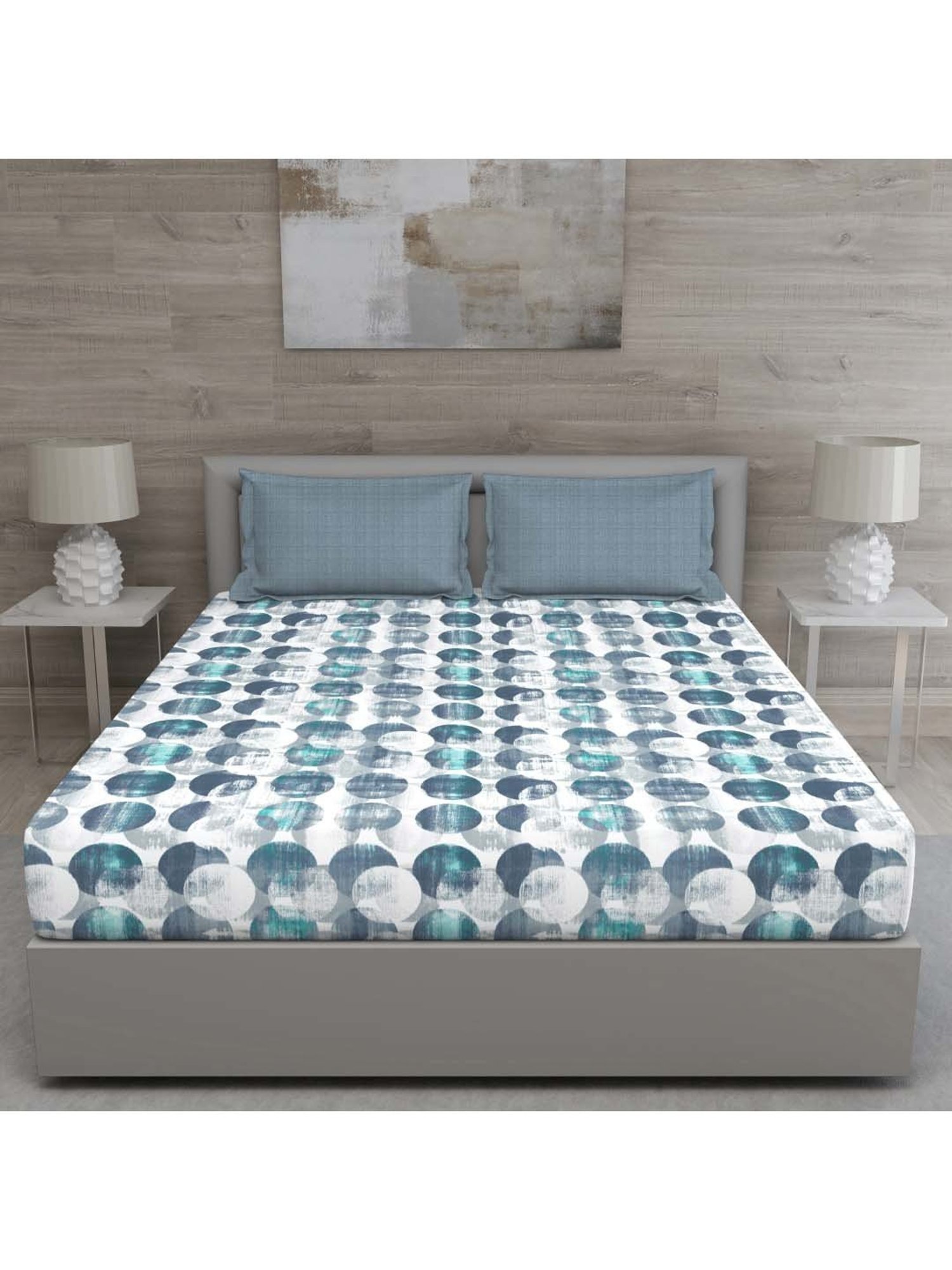 GM 'Regal' Blue & Grey Cotton 144 TC Double Bedsheet with 2 Pillow Covers