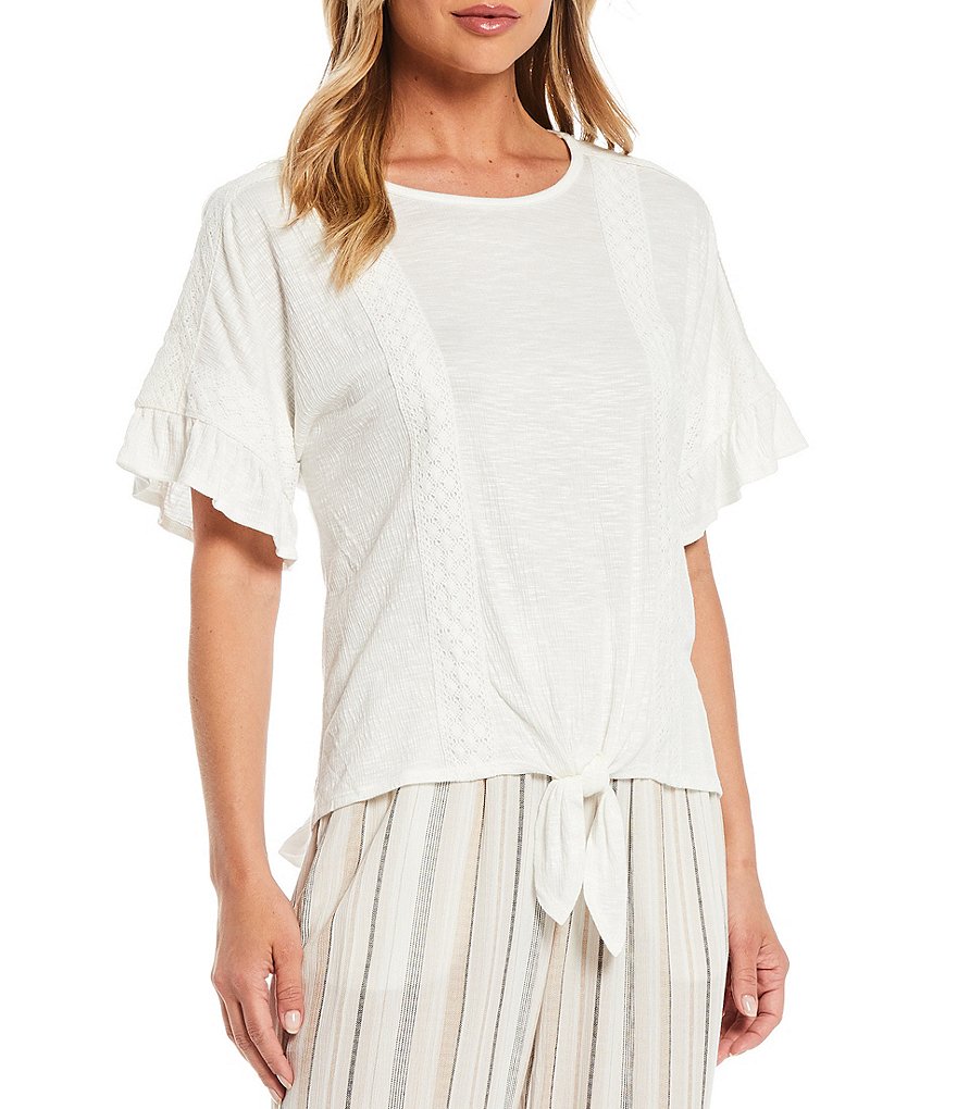 I.N. Studio Pucker Knit Crochet Trim Dolman Ruffle Sleeve Tie-Front Top