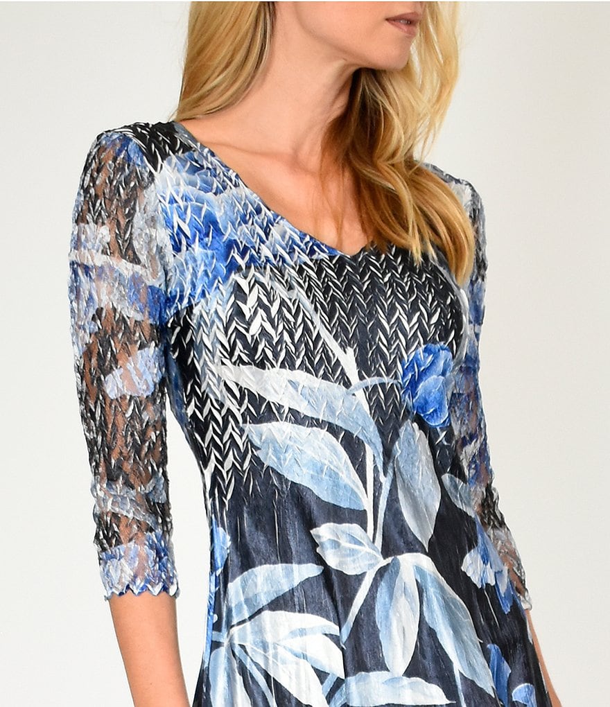 Komarov V-Neck 3/4 Sleeve Indigo Rose Floral Charmeuse Midi Dress