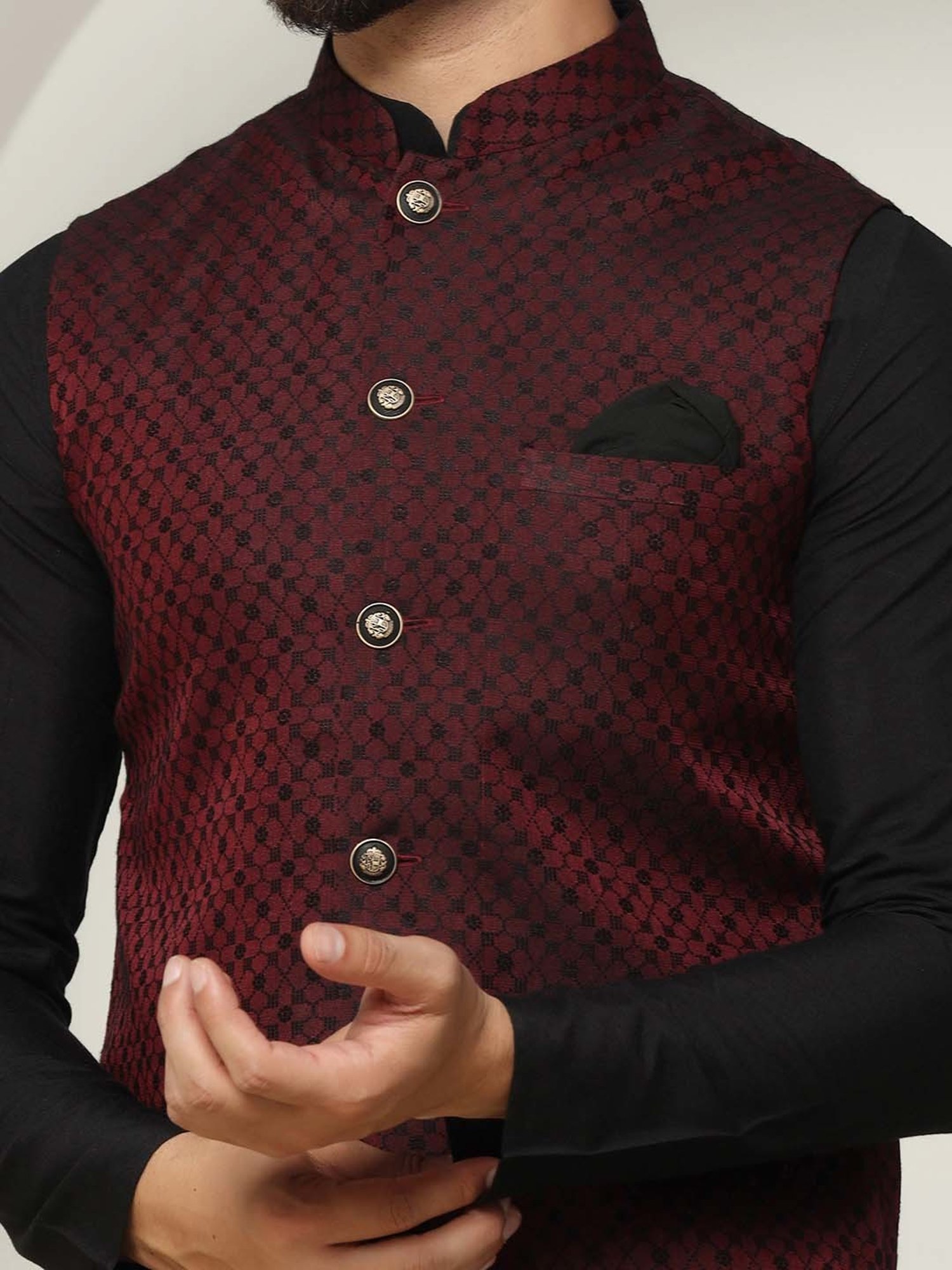 KISAH Wine Regular Fit Self Design Nehru Jacket