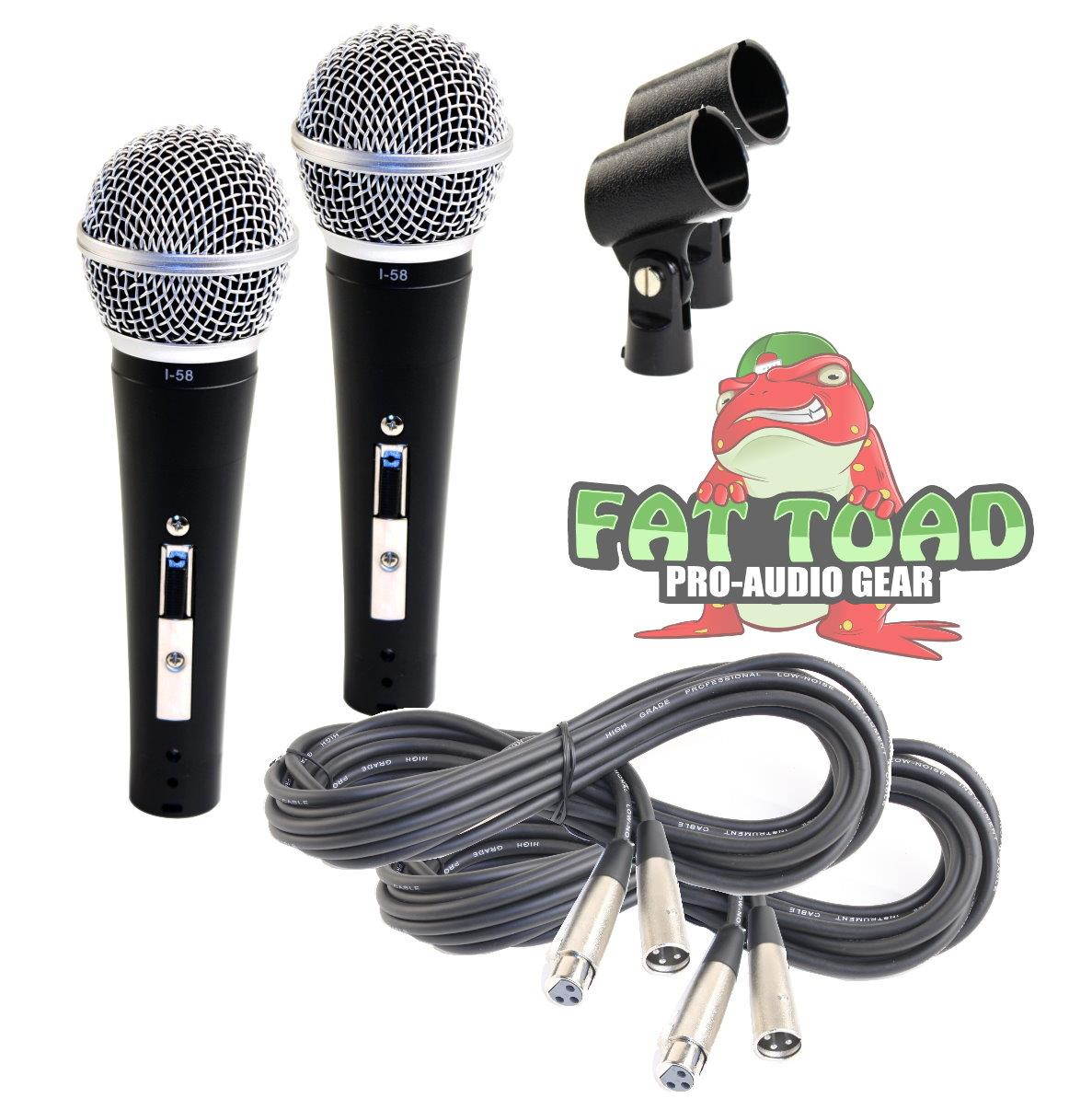 Vocal Microphones with XLR Mic Cables & Clips (2 Pack) FAT TOAD | Cardioid Dynamic Handheld for Home Studio Recording Package, Live Stage Singing, Adult DJ Karaoke | Pro Audio Mic Cords, 3-Pin Wire