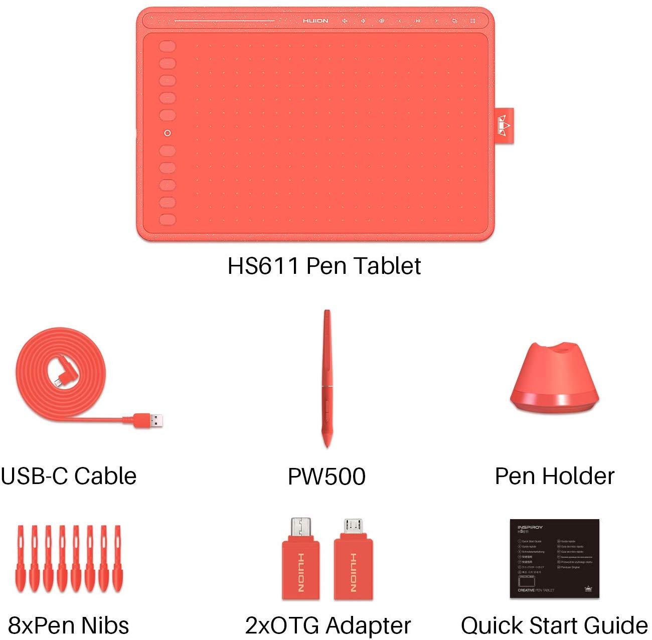 Huion HS611 Graphics Drawing Tablet 10X6 inch Pen Tablet with 8192 Levels Battery-Free Pen, 8 Multimedia Keys and 10 Programmable Press Keys, One Touch Bar