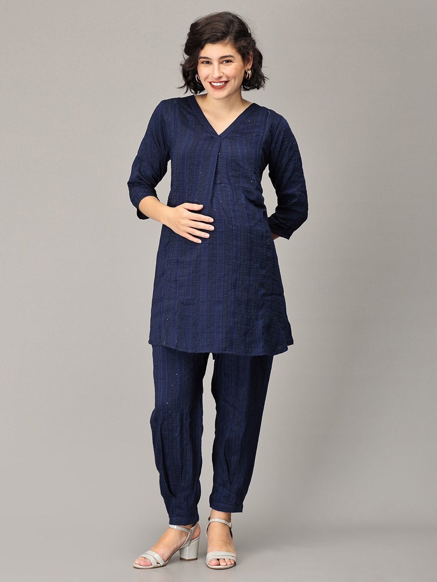 The Mom Store Navy Embellished Maternity Kurta Pant Set