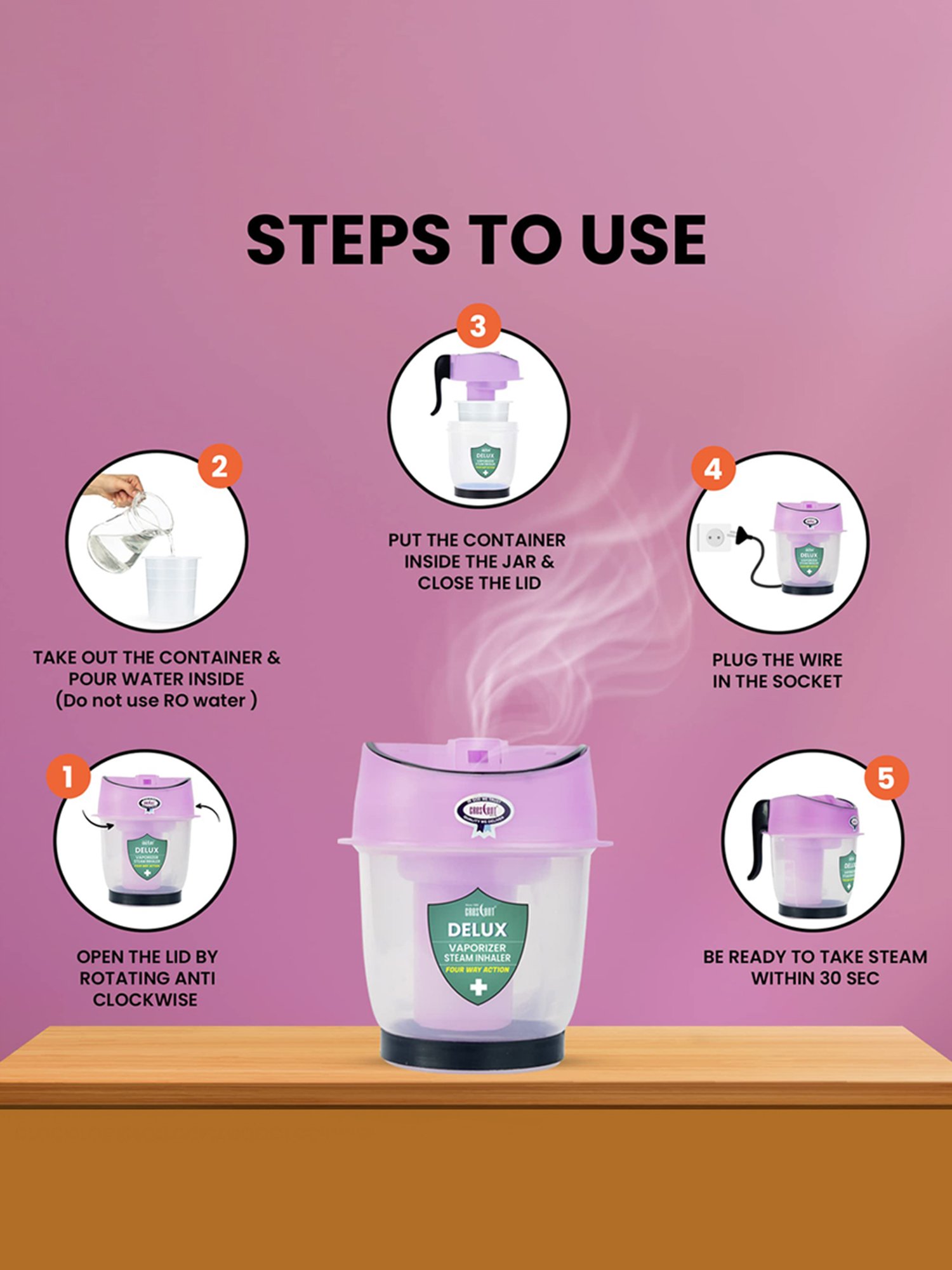 Crescent Delux Facial Steamer Vaporizer for Cold & Cough, Separate Water Container (Ice Purple)