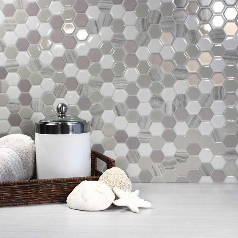 Smart Tiles 3D Peel and Stick Backsplash 4 Sheets of 9.76" x 9.35" Kitchen and Bathroom Wallpaper Hexagon Greige