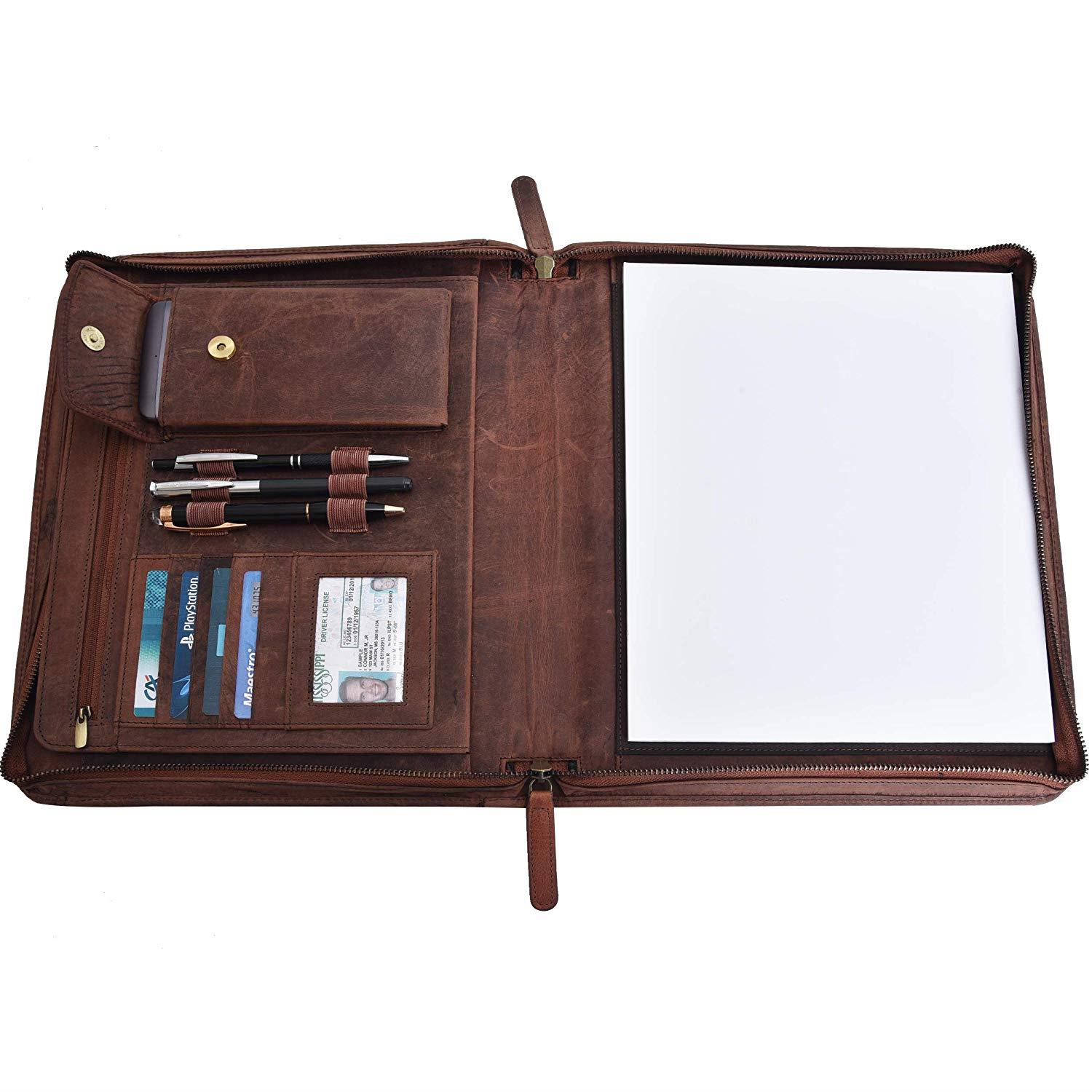 Crazy Horse Business Padfolio Portfolio - Professional Executive Zippered Binder Folder 13.5 x 11 Inches Unisex Notepad Folio School Organizer