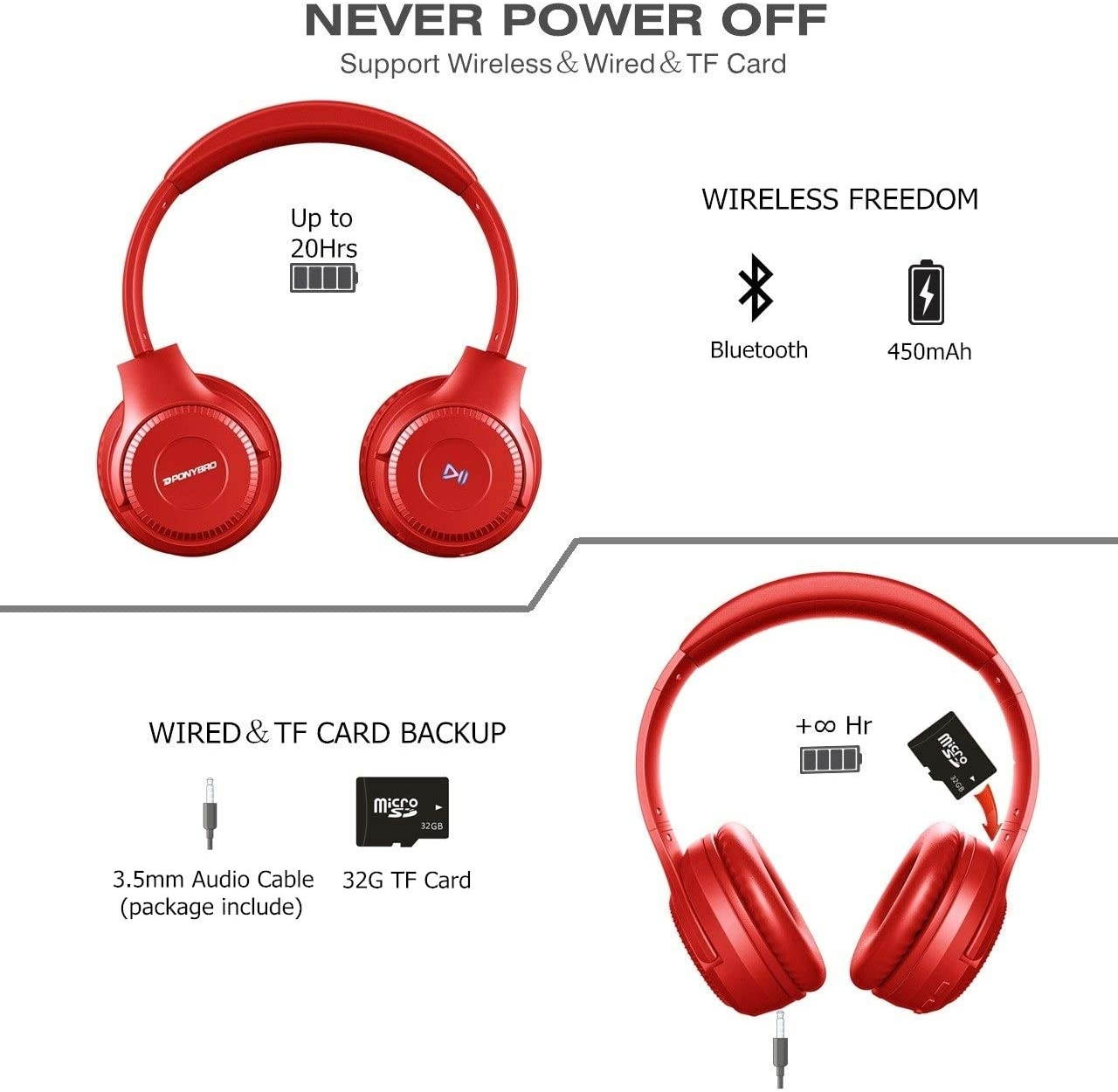 H2 Bluetooth Headphones Over EarDual 50mm Drivers HiFi Stereo Wireless Headphones Noise Cancelling Wireless Over Ear Headset with Mic and WiredTF Card Mode for Cell Phones/PC/TV - Red
