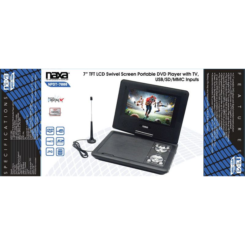 Naxa NPDT-7000 Portable DVD Player - 7" Display - Shinny Black - DVD+RW, DVD-RW, CD-RW - JPEG - DVD Video, MPEG-4, MPEG-1, MPEG-2 - CD-DA, MP3 - USB