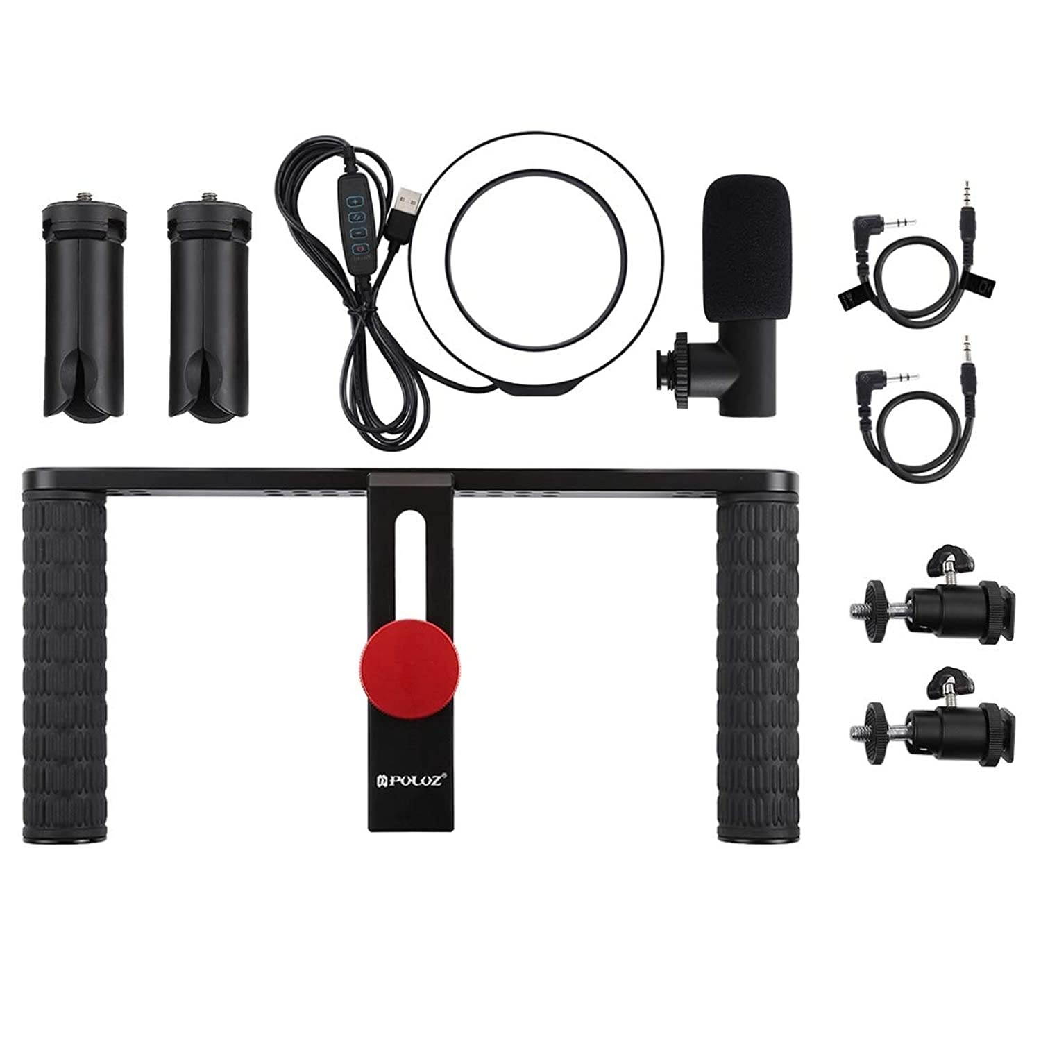 PULUZ 4 in 1 Vlogging Live Broadcast 4.6 inch Ring LED Selfie Light Smartphone Video Rig Handle Stabilizer Aluminum Bracket Kits with Microphone + Tripod Mount + Cold Shoe Tripod Head