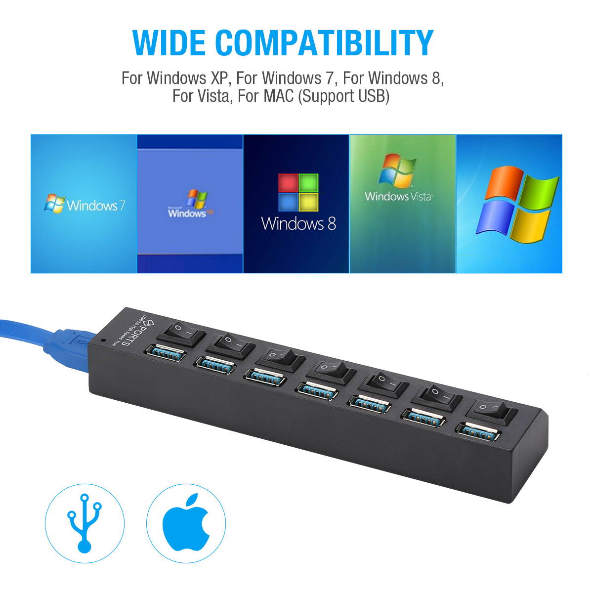 FirstPower 4 Ports USB 3.0 Hub, Portable SuperSpeed USB 3.0 Hub, Splitter 5Gbps, Individual On/Off Switches LED, USB Extension Multi-function USB Dock Hot Swapping Support with US AC Power Plug