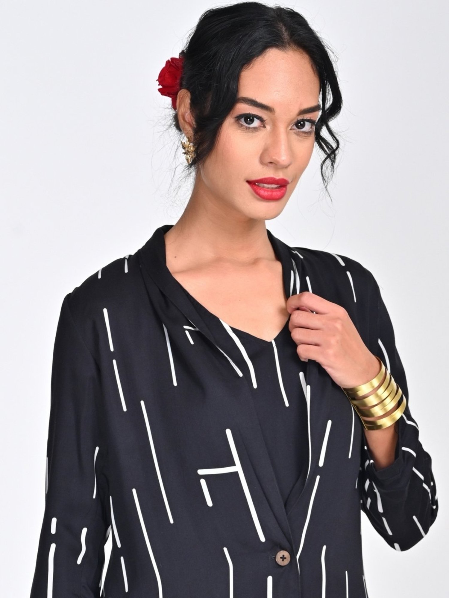 Saltpetre Women Modal Cedar Print Black Shawl Collar Blazer