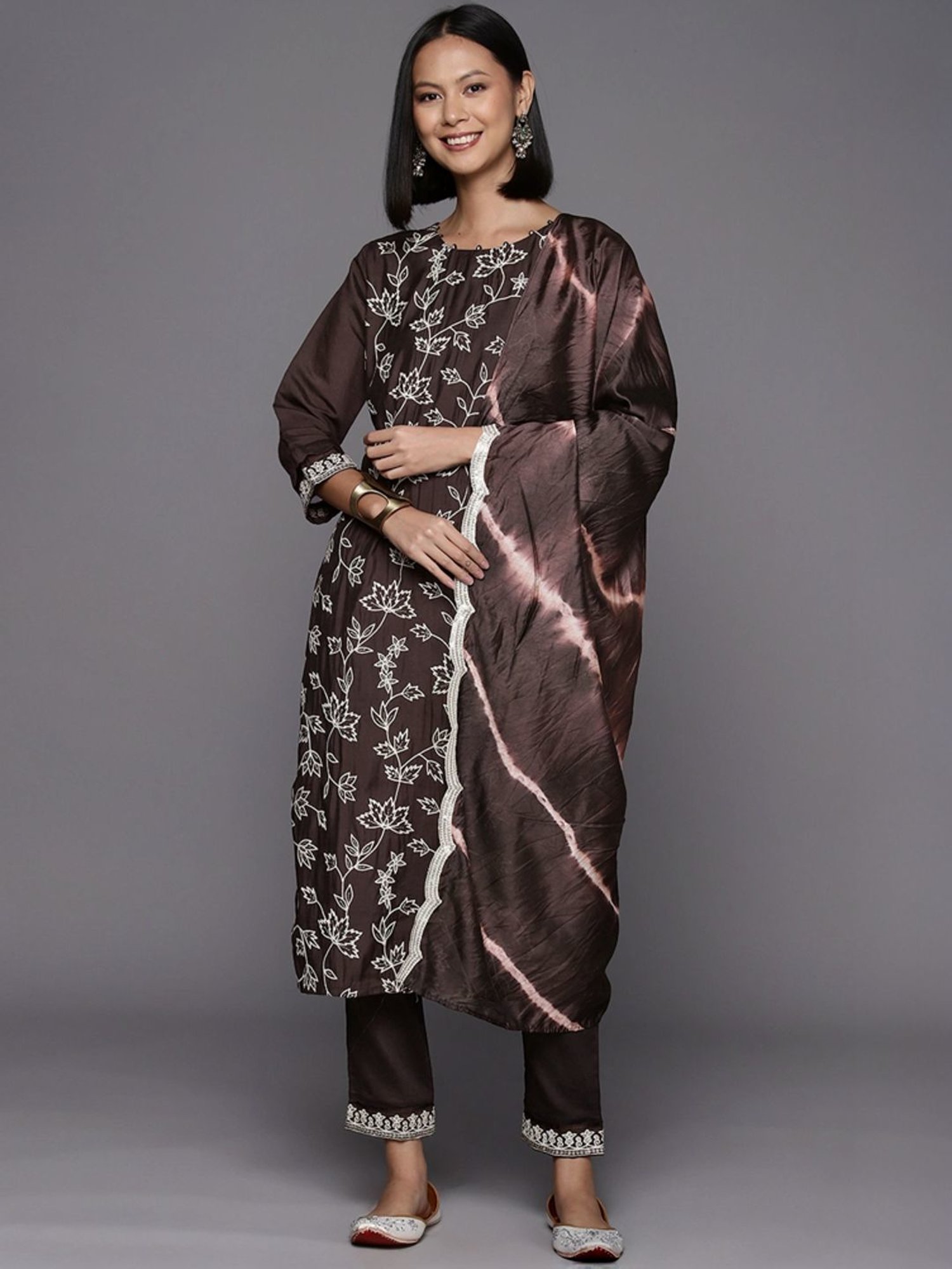 Varanga Brown Embroidered Kurta Pant Set With Dupatta