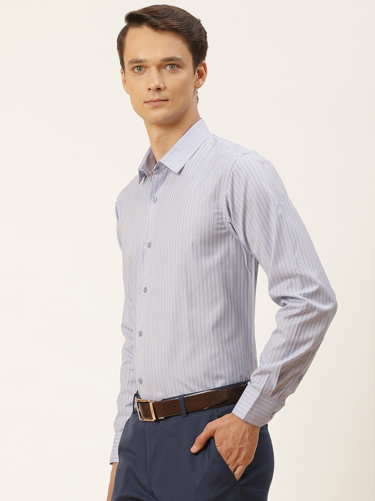 Sojanya Blue Cotton Regular Fit Striped Shirt