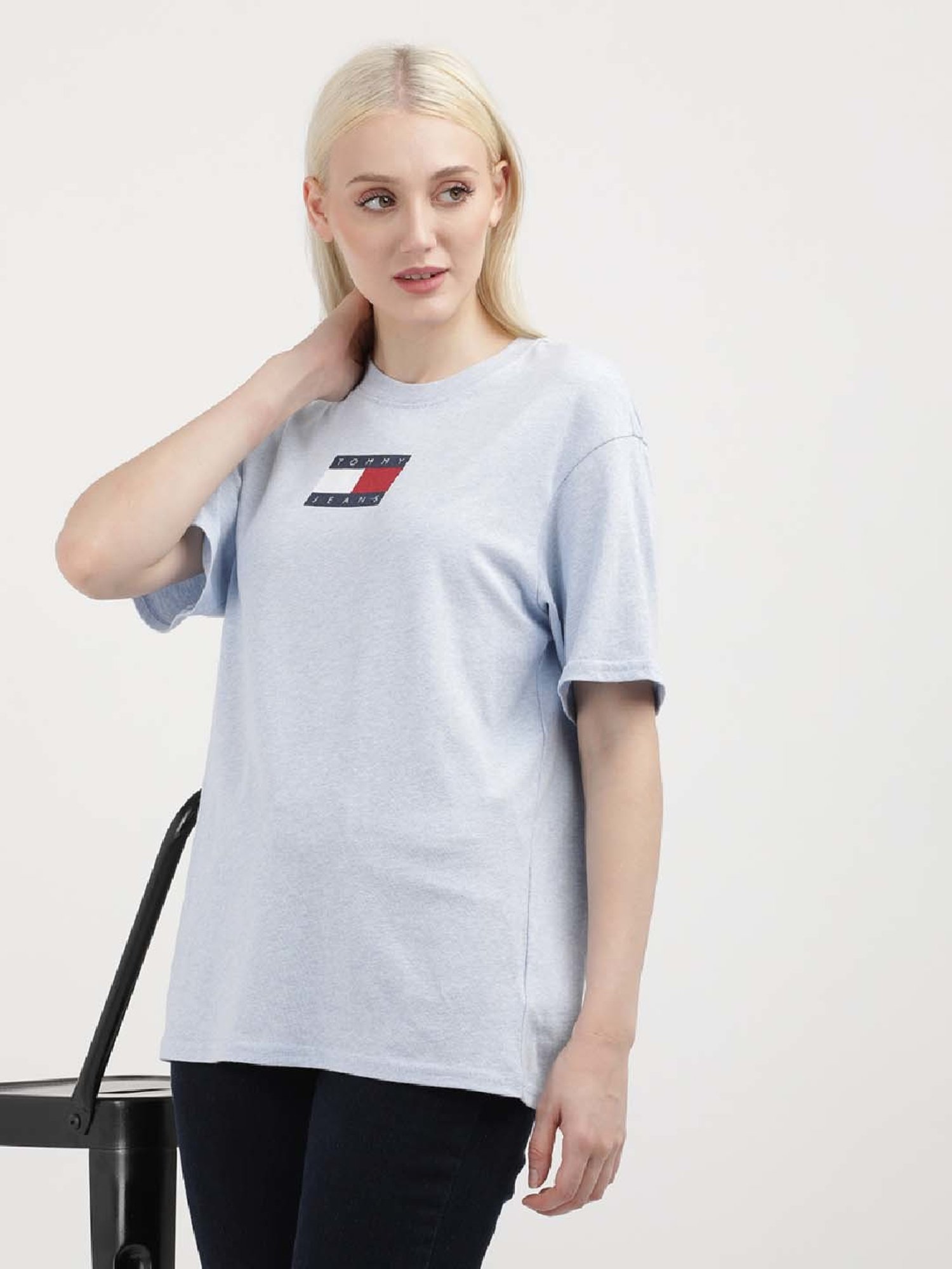 TOMMY HILFIGER Sky Blue Cotton Logo Print T-Shirt