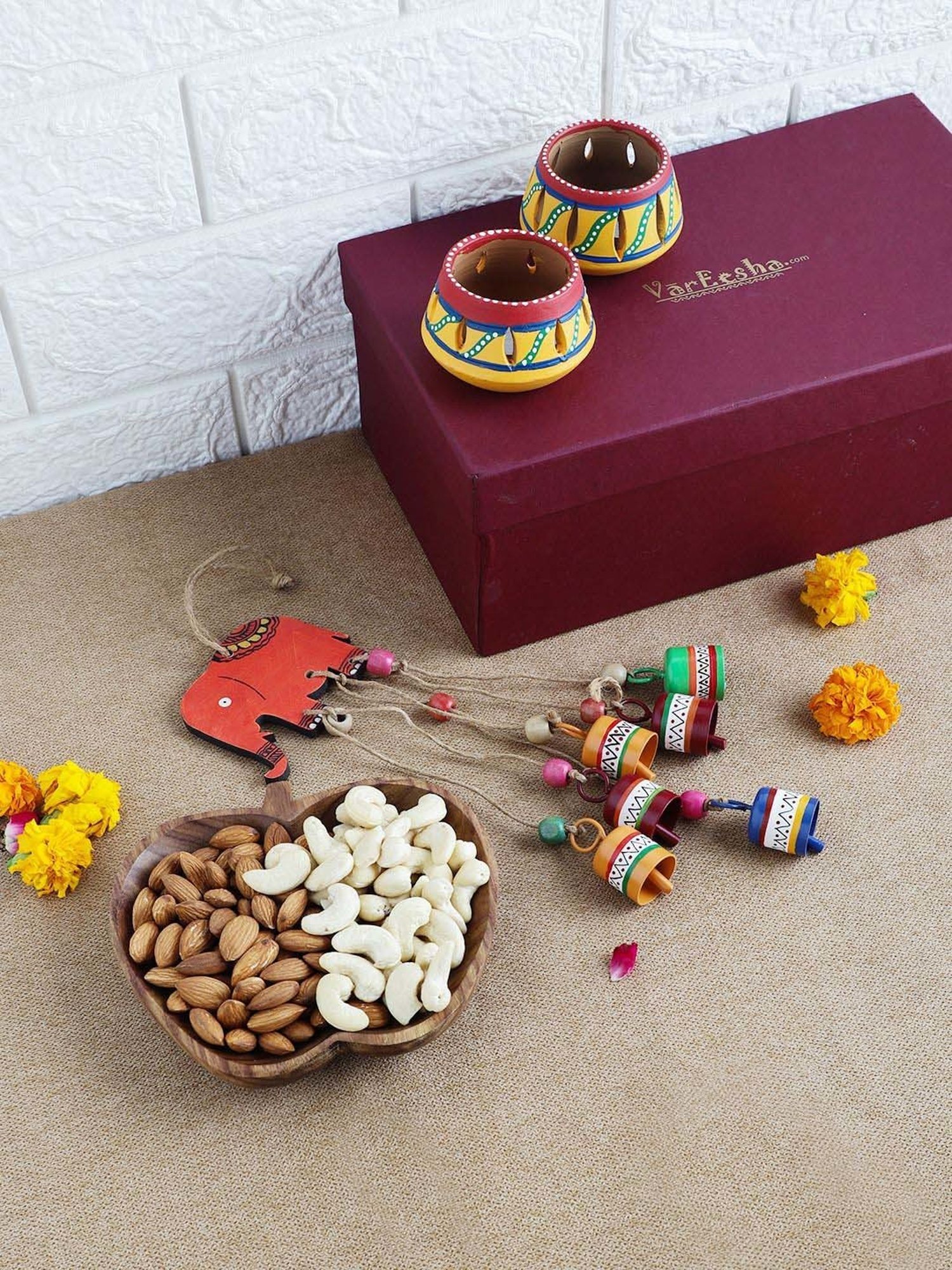 VarEesha Upahaar Multicolor Wood Wall Hanging Wind Chime with 2 Tea Light Holders