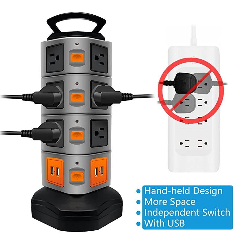 Power Strip Tower  Surge Protector Electric Charging Station 14 Outlet Plugs with 4 USB Slot 6 feet Cord Wire Extension Universal Charging Station 1PACK