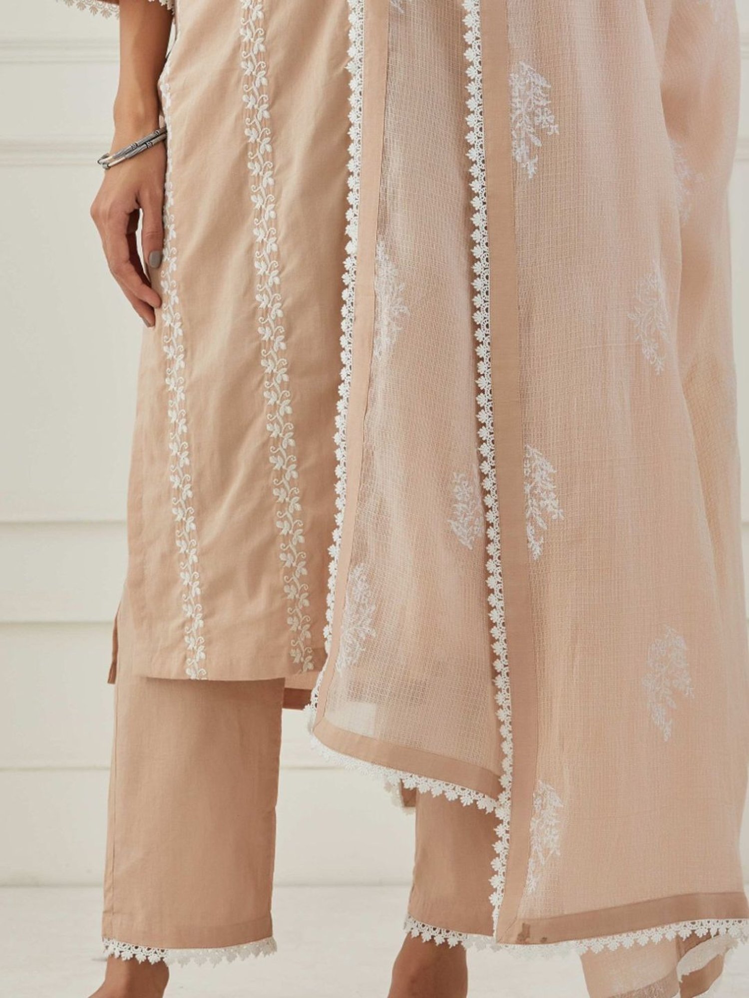 Priya Chaudhary Beige Sudha Embroidered Cotton Kurta with Pants
