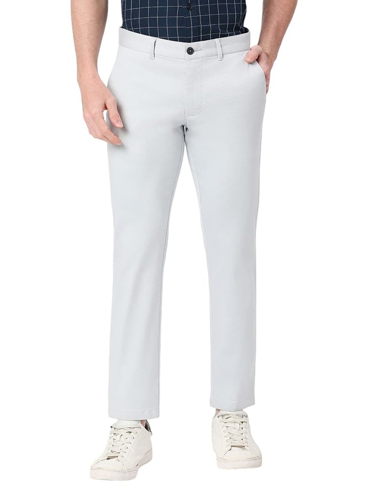 Basics Light Blue Cotton Tapered Fit Texture Trousers