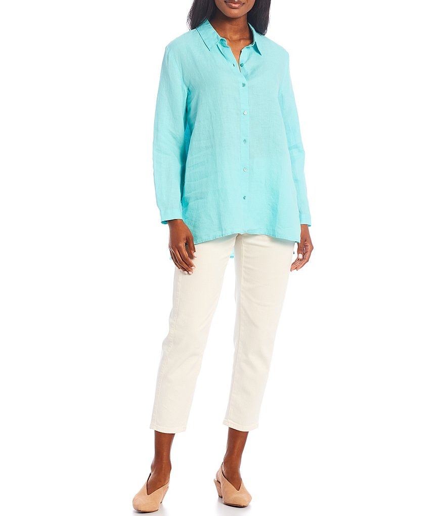 Eileen Fisher Petite Size Organic Handkerchief Linen Classic Collar Boxy Shirt