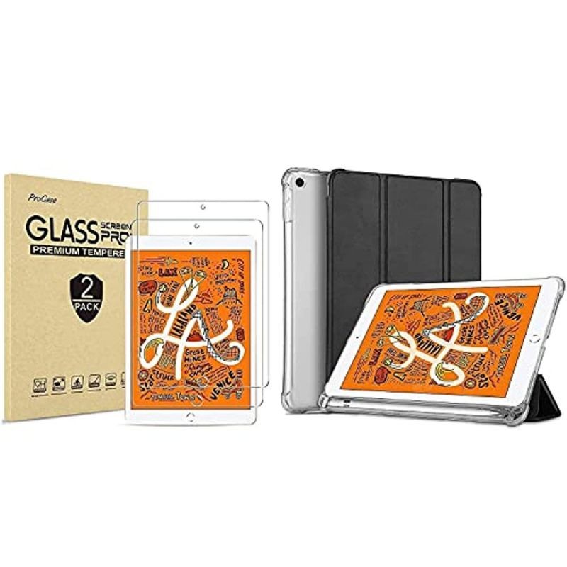 ProCase iPad Mini 4th and 5th Screen Protector, Tempered Glass Screen Film Guard Screen Protector Bundle with iPad Mini 5 Case 2019 with Pencil Holder, Ultra Slim Lightweight Stand Protective Case