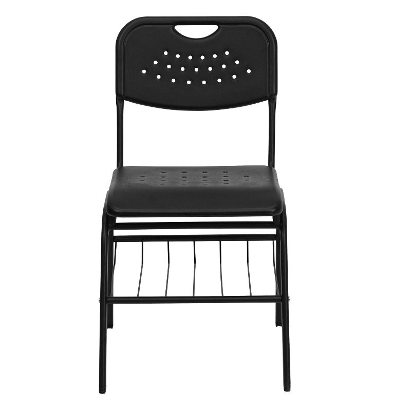 Emma and Oliver Black Plastic Student Classroom Chair with Book Basket
