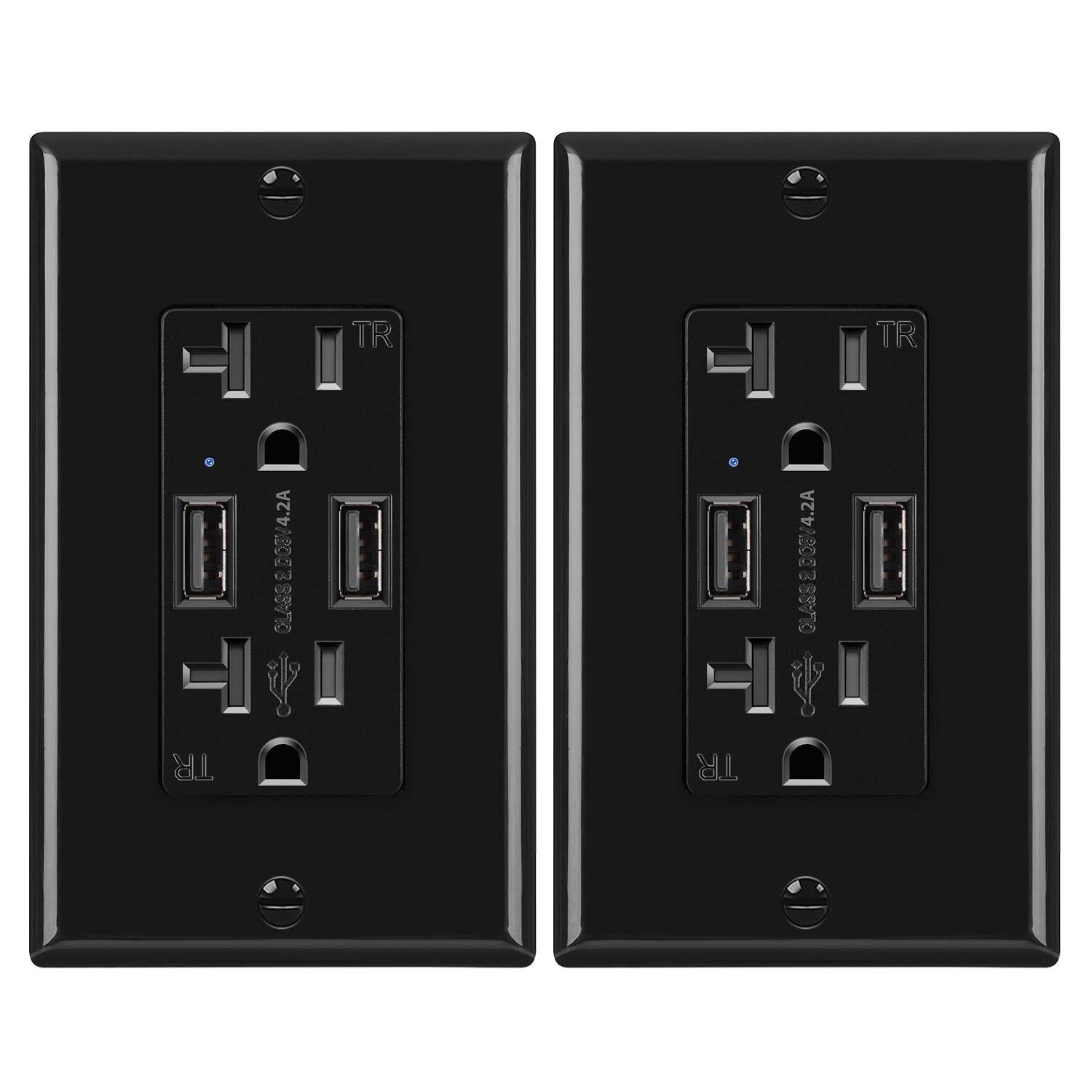 [2 Pack] BESTTEN 4.2A Black USB Wall Receptacle, Dual USB Charging Ports and 20 Amp Grounded AC Outlets, Smart Chip USB Wall Charger, Tamper Resistant, UL Listed