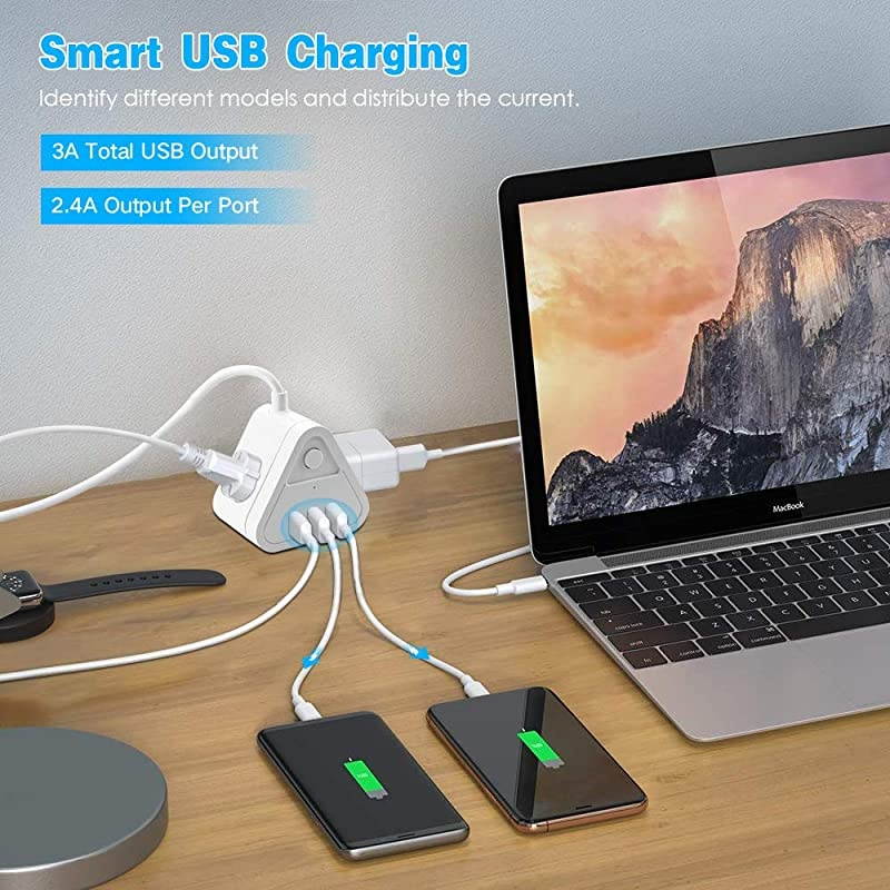 Power Strip with 3 USB Ports, 3 Outlet Portable Plug Strip with 5.5 Feet Extension Cord, Cruise Travel, Desktop Multi-Plug Outlet, Child Protectors Compact Socket, White