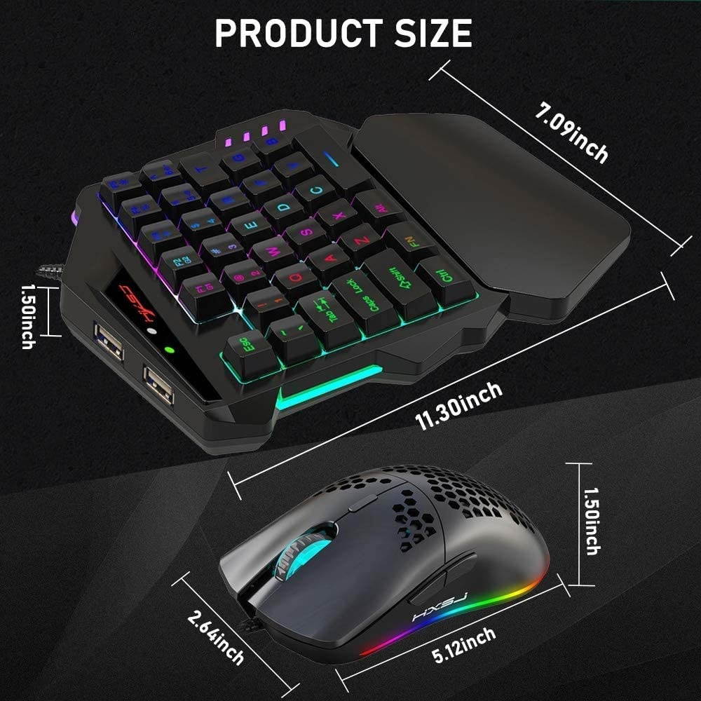 One Hand Gaming Keyboard and Lightweight Honeycomb Mouse Combo Portable with 35 Keys Rainbow RGB Backlight Ergonomic Wrist Rest Mouse-pad Adjustable Mice DPI USB Wired Only for PS4 X-Box Game Console